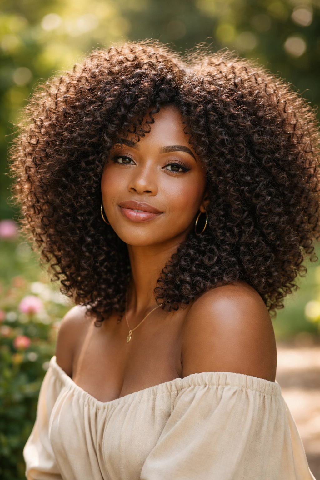 Close-up of a real person with a loose curl afro and soft wave texture in natural light.