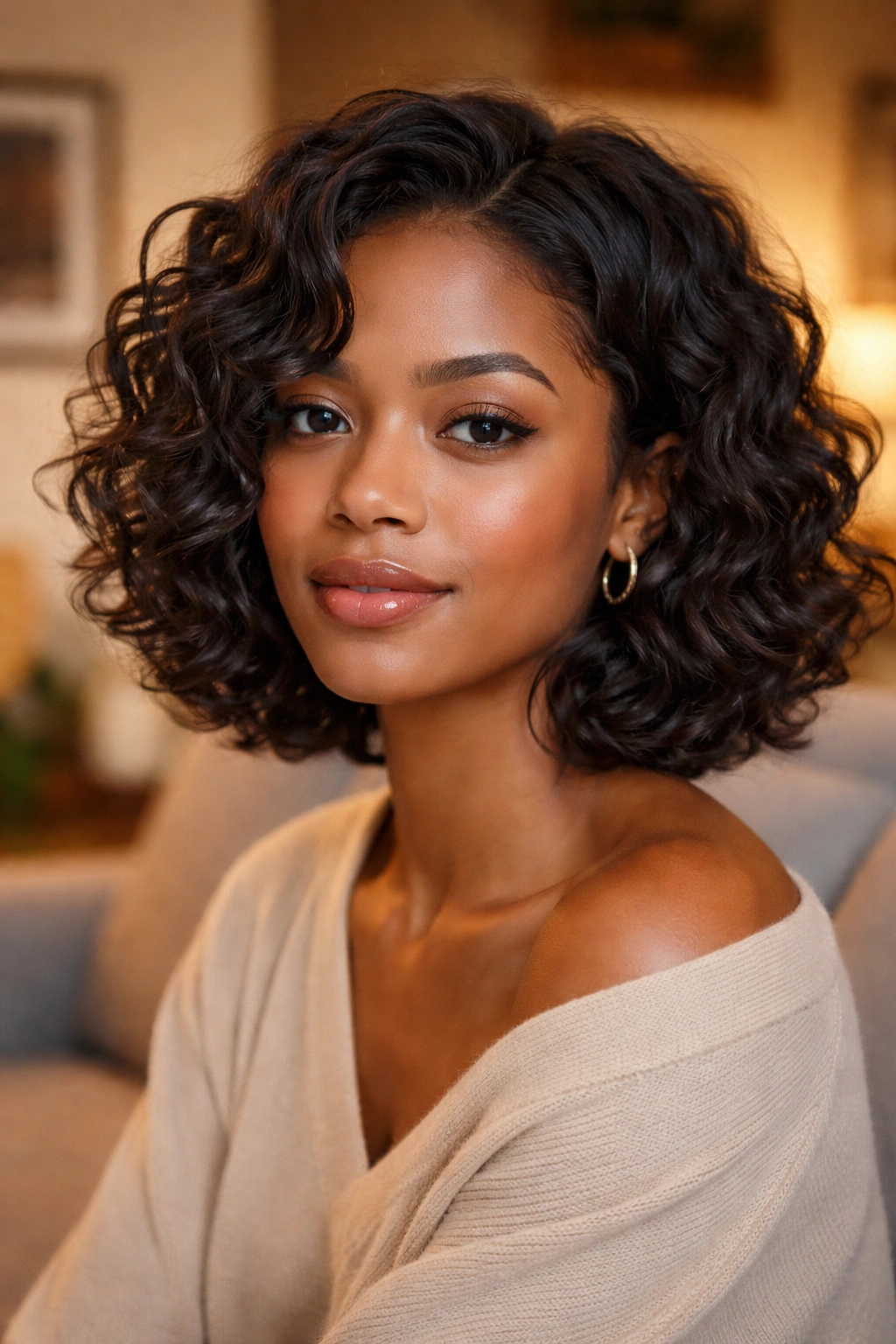 Real person with chin-length loose curl bob in a cozy living room
