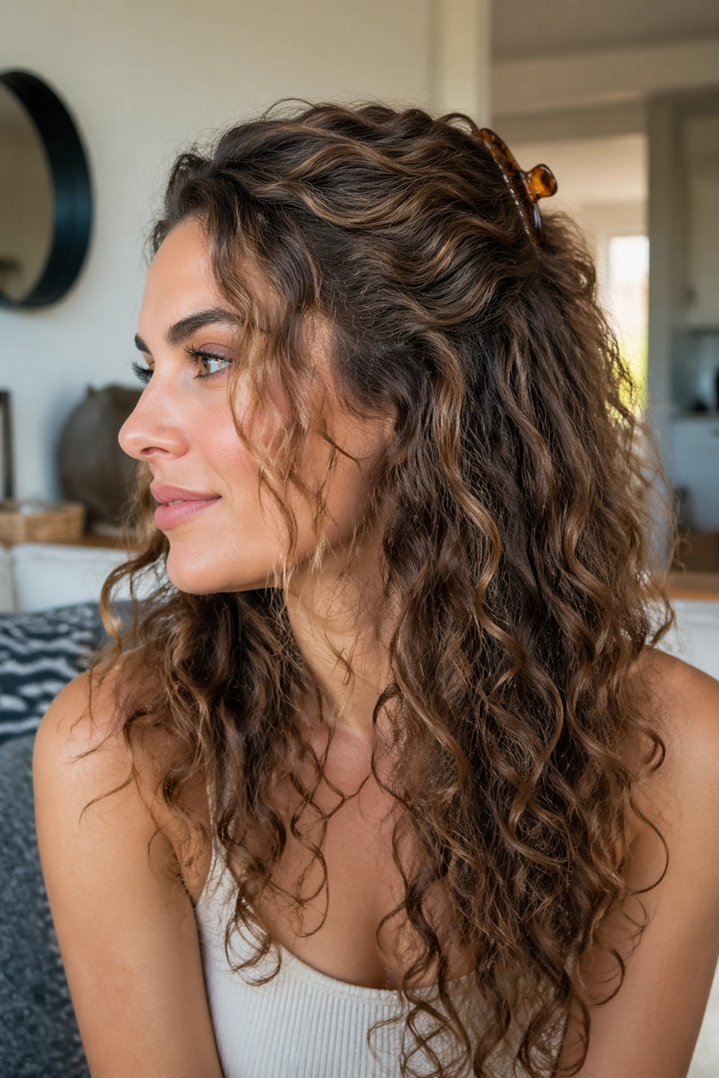 Real person with a loose curl cascade, front pulled back slightly by a small clip