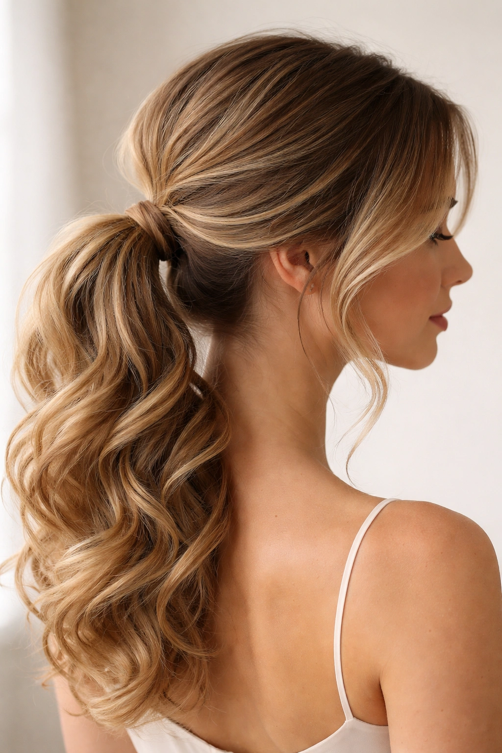 Loose curls into a side ponytail