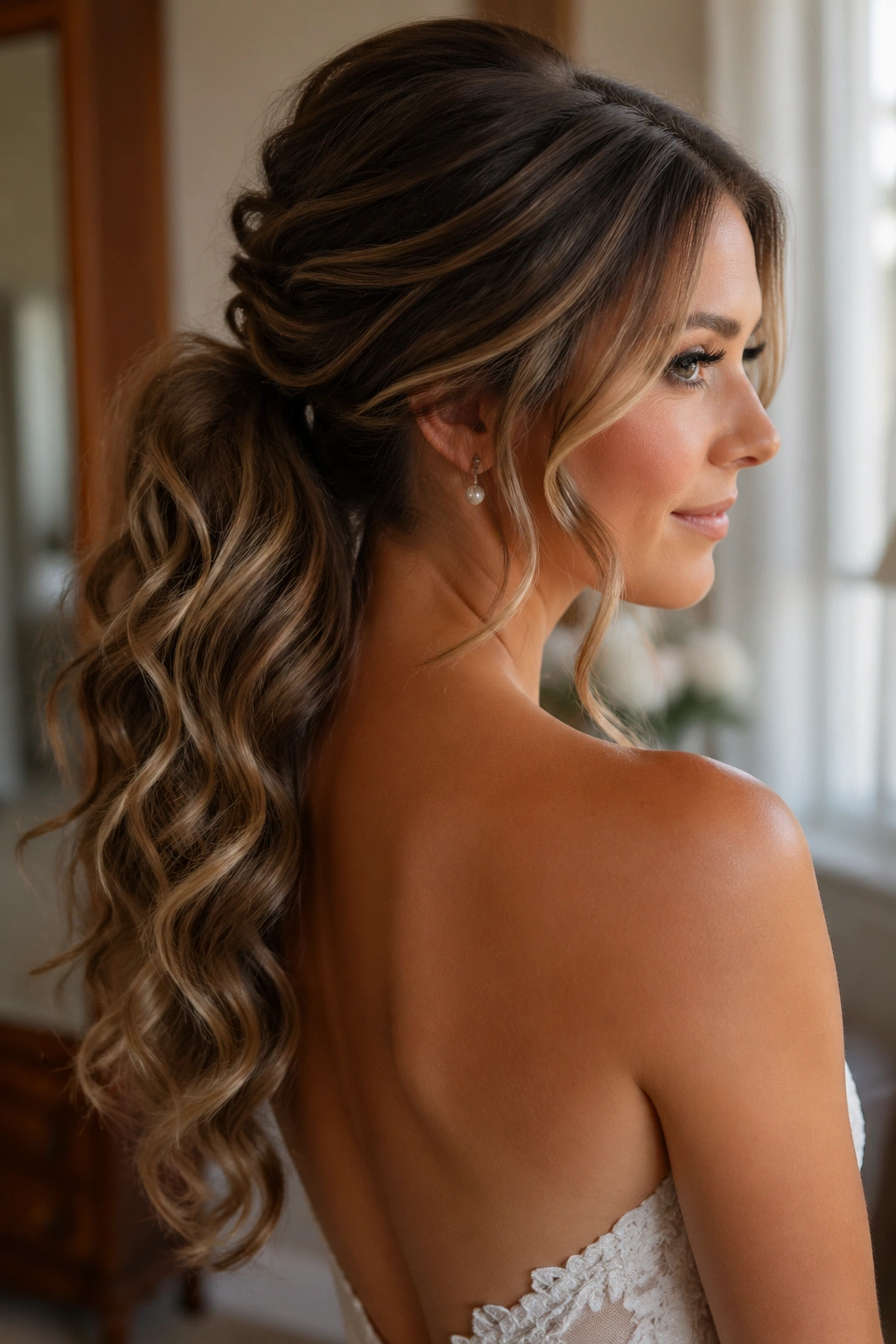 Close-up of a bride showing a loose curl ponytail with a hidden base and curled ends.