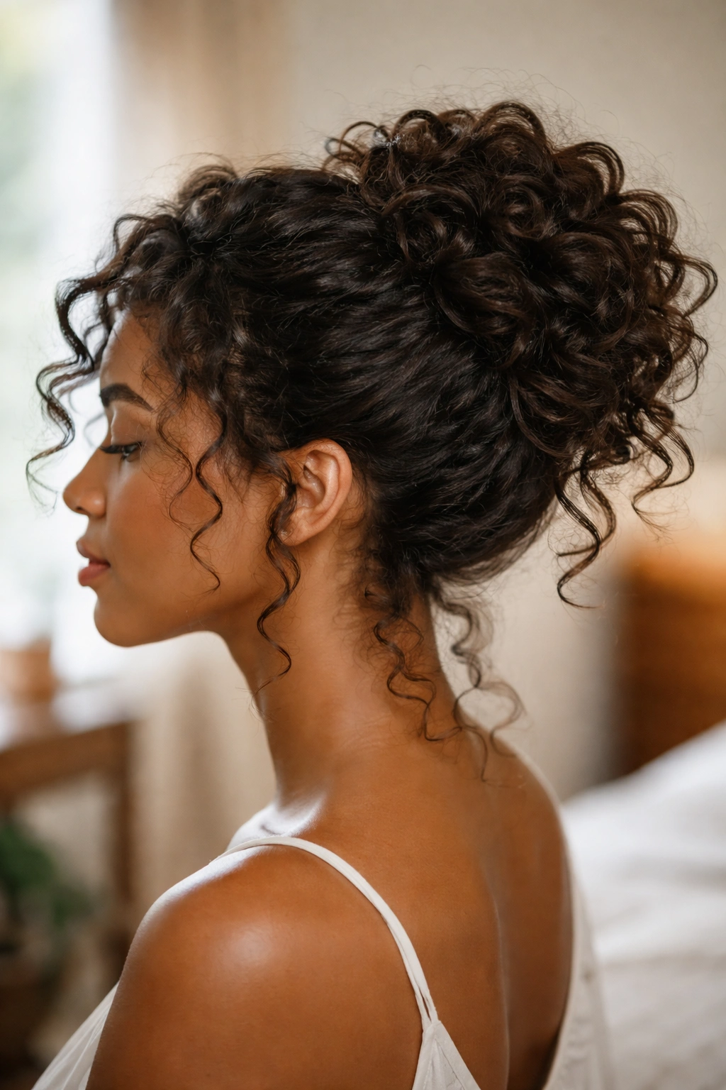 Real person with relaxed loose-curl updo with curls escaping at temples and nape