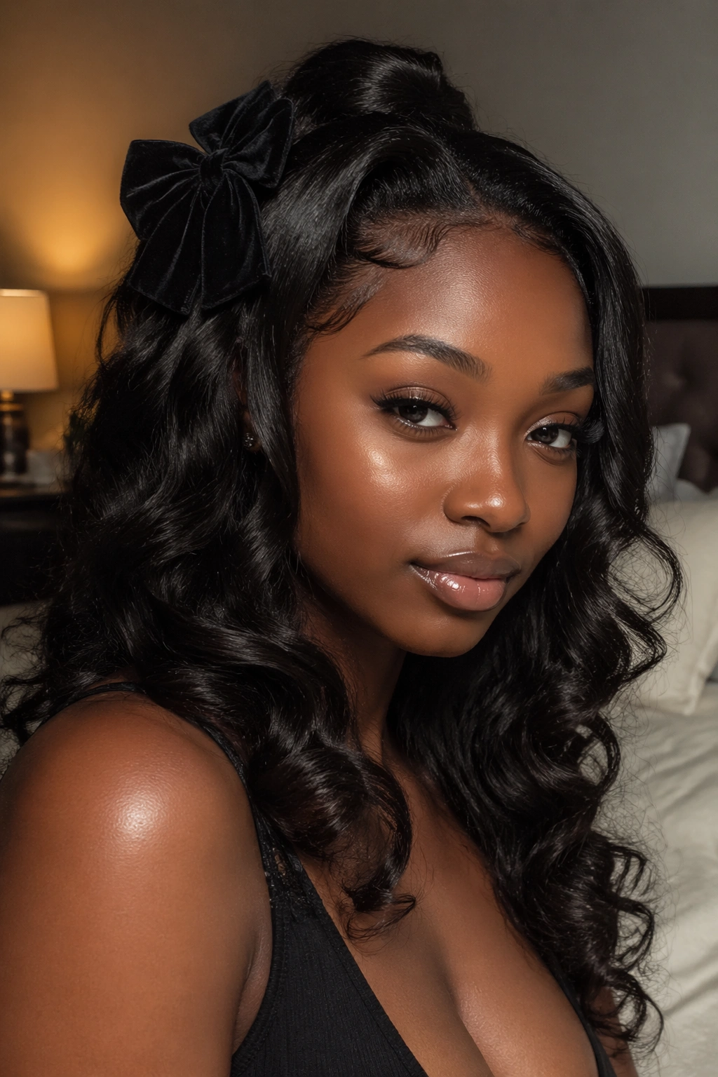 Close-up portrait of a real woman with loose curl half-up half-down weave and velvet side bow