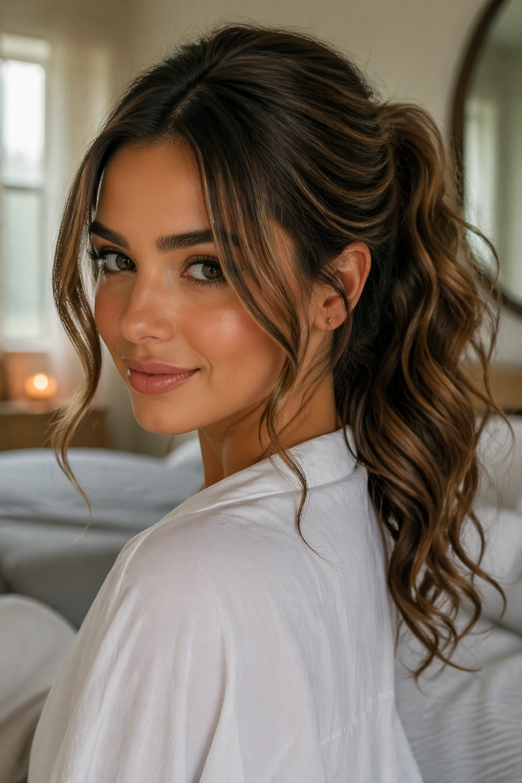 Close-up of a real woman with loose-curled ponytail and curtain pieces