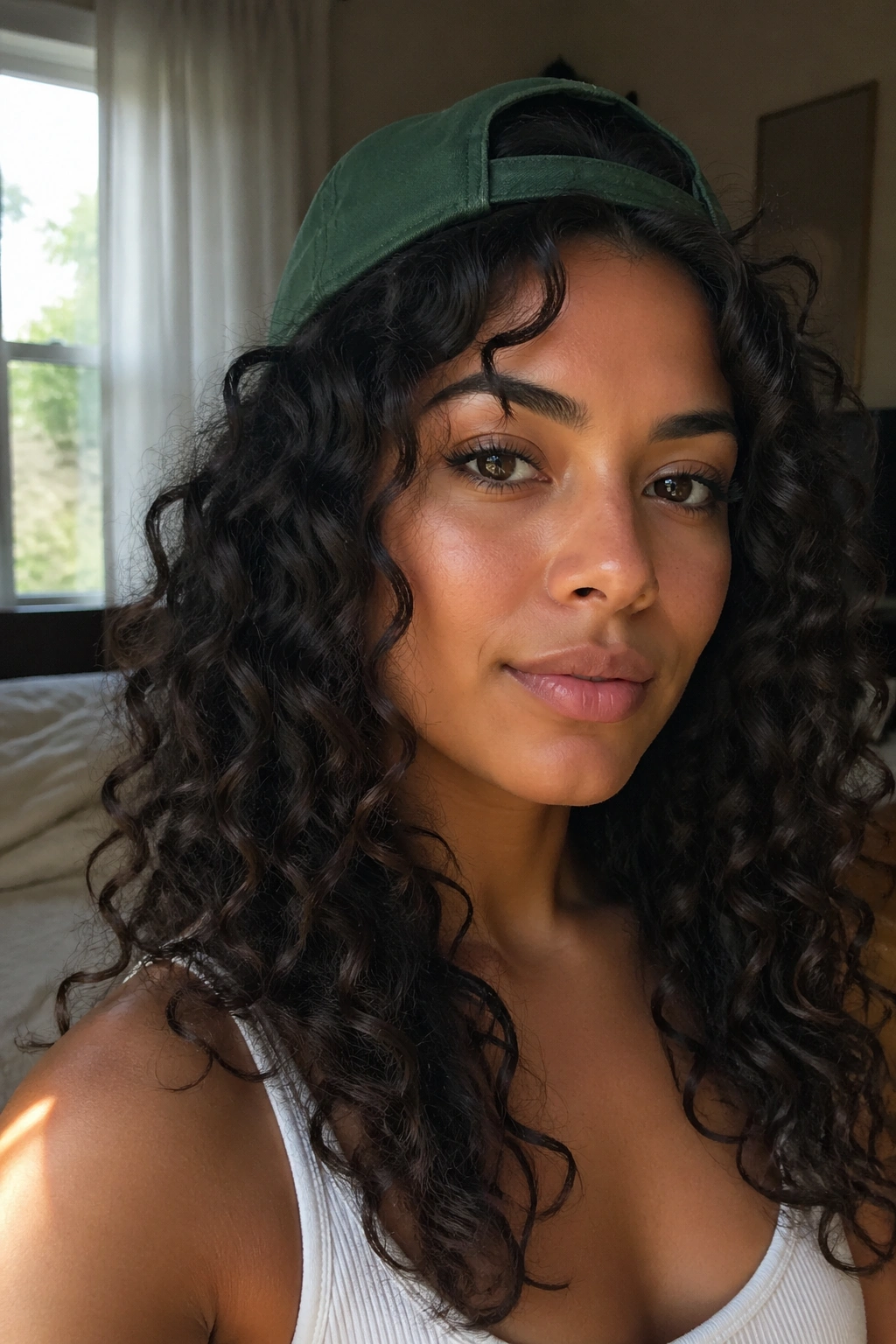 Close-up portrait of a real woman with loose curls and a cap pushed back