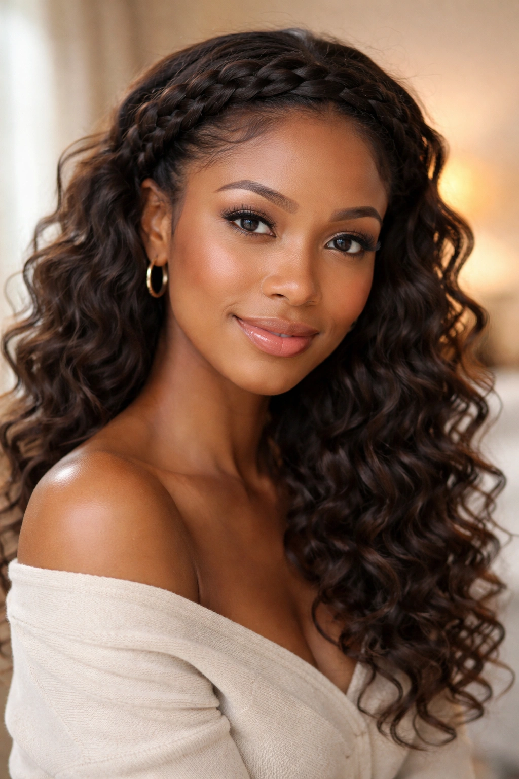 Close-up portrait of a real woman with a crown braid and loose curls behind, natural window light