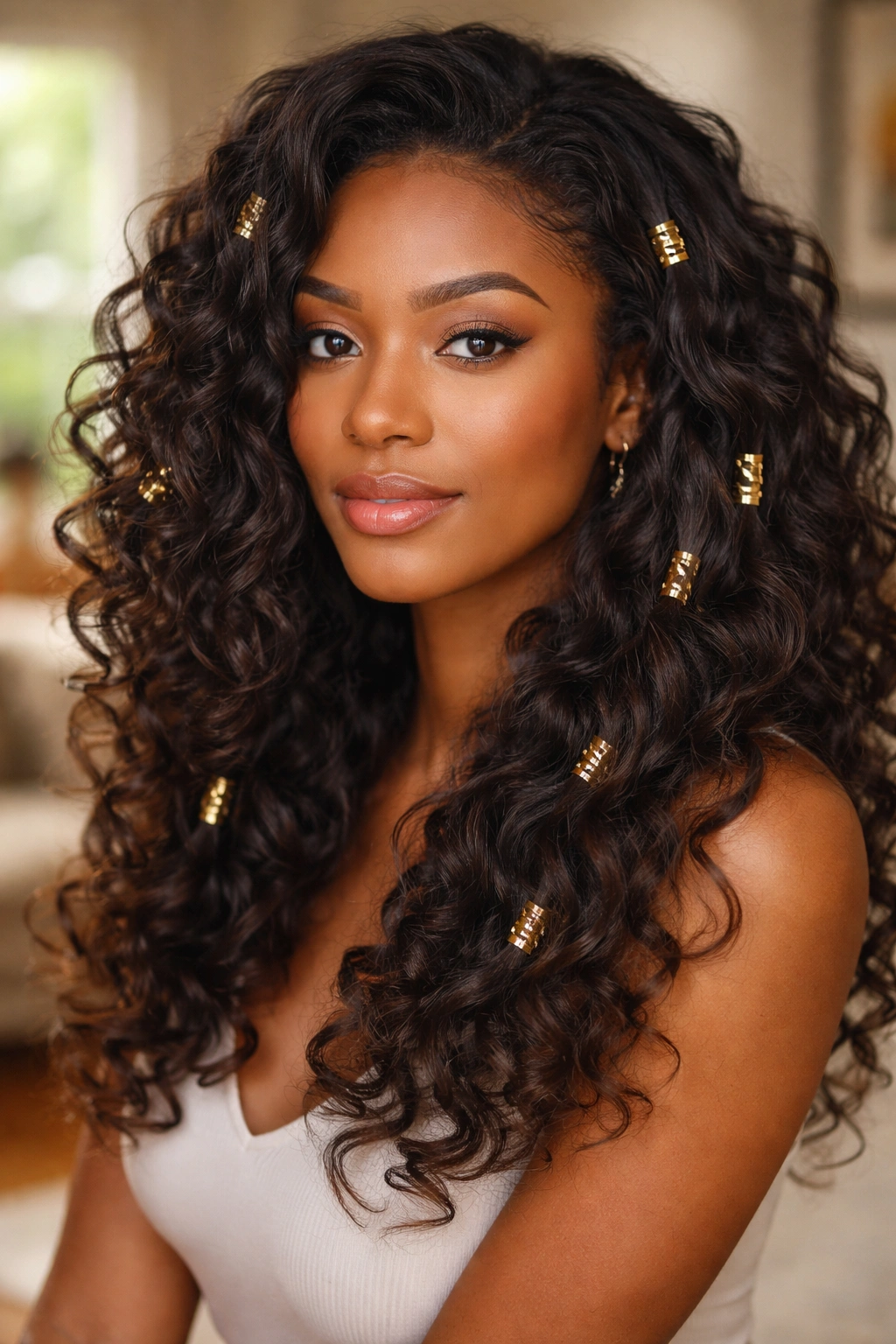 Close-up of a real woman with loose curls and gold cuffs in her hair, illuminated by warm window light.