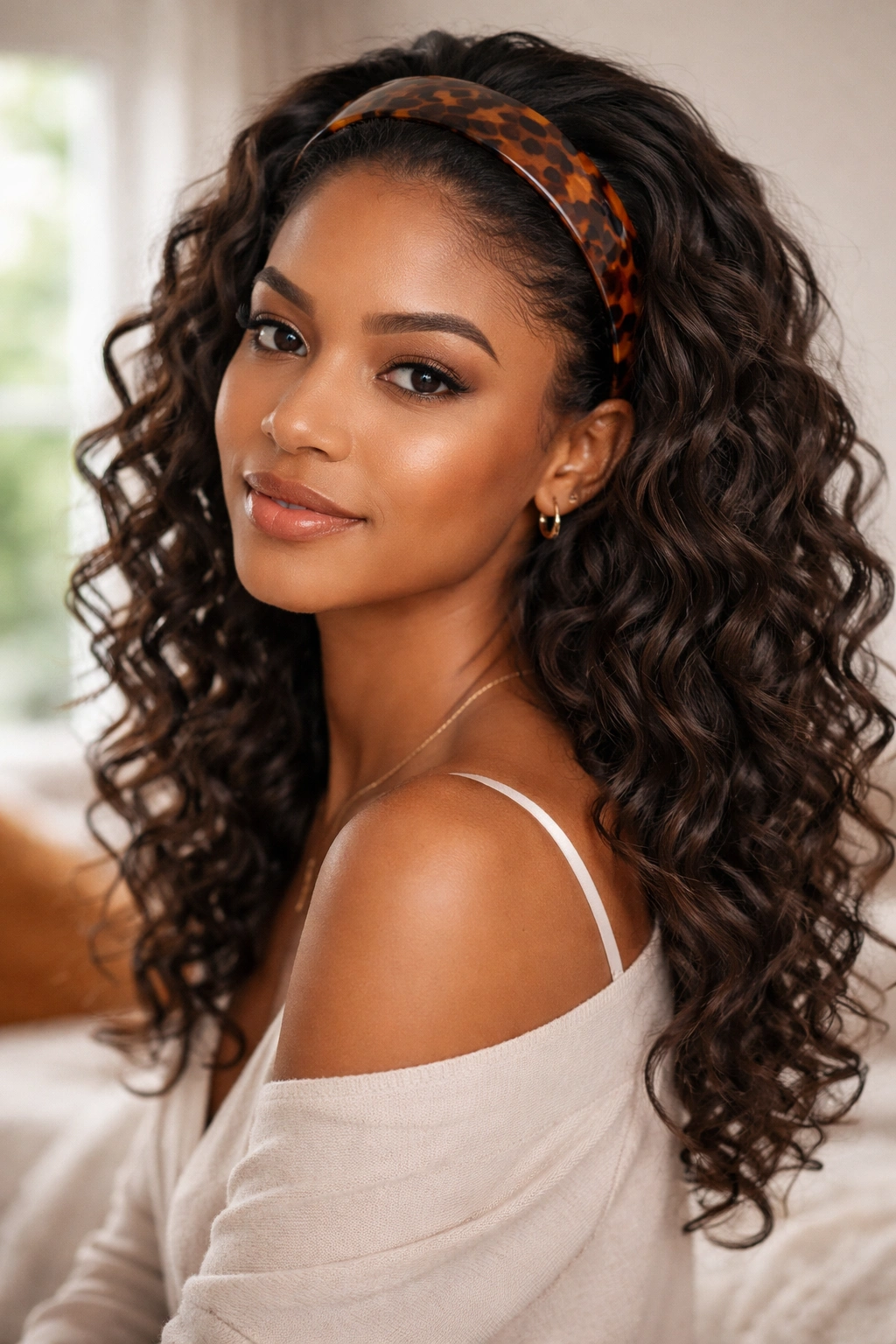 Close-up of a real woman with loose curls framed by a wide tortoiseshell headband
