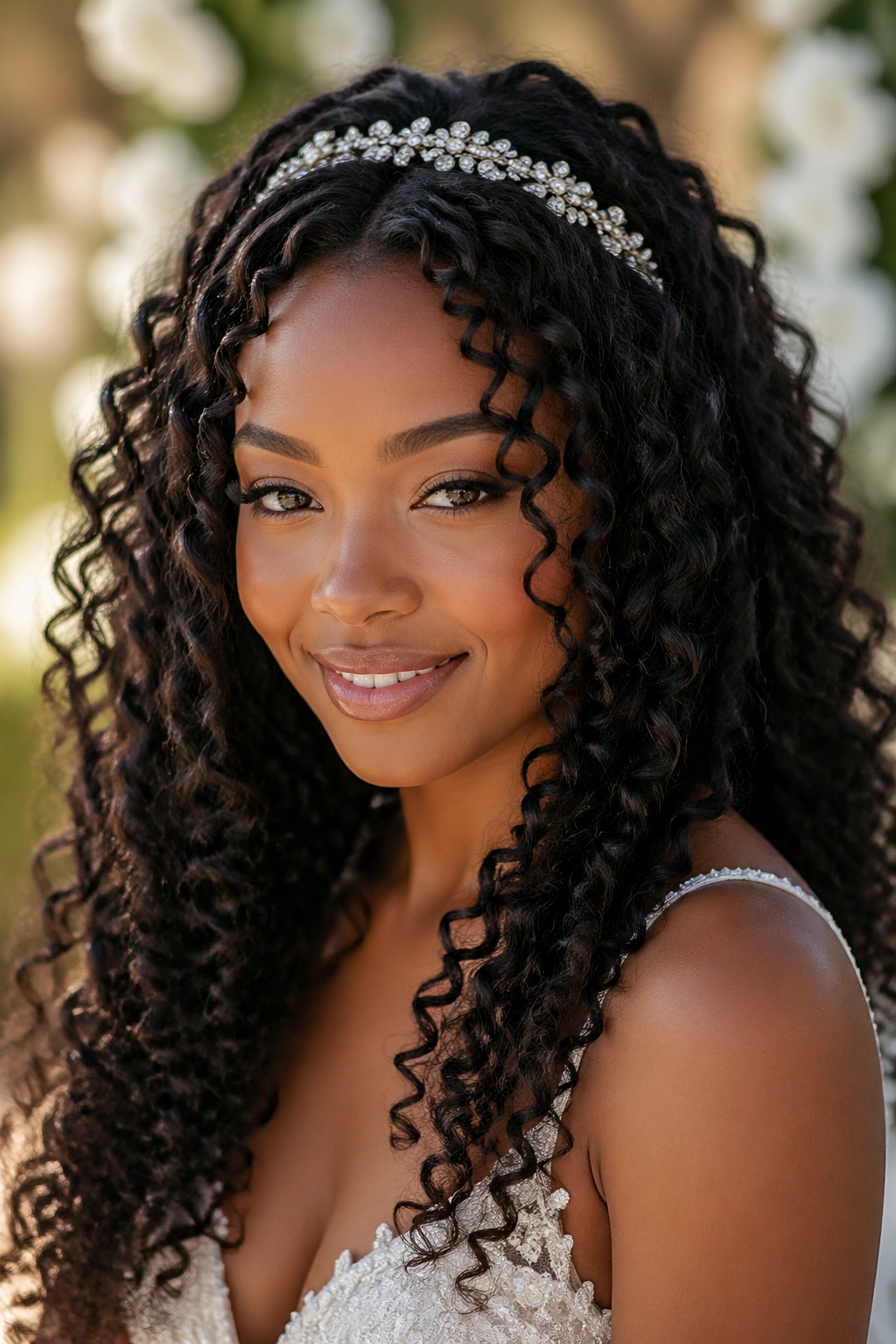 Real bride with long curls and a jeweled headband in soft wedding light