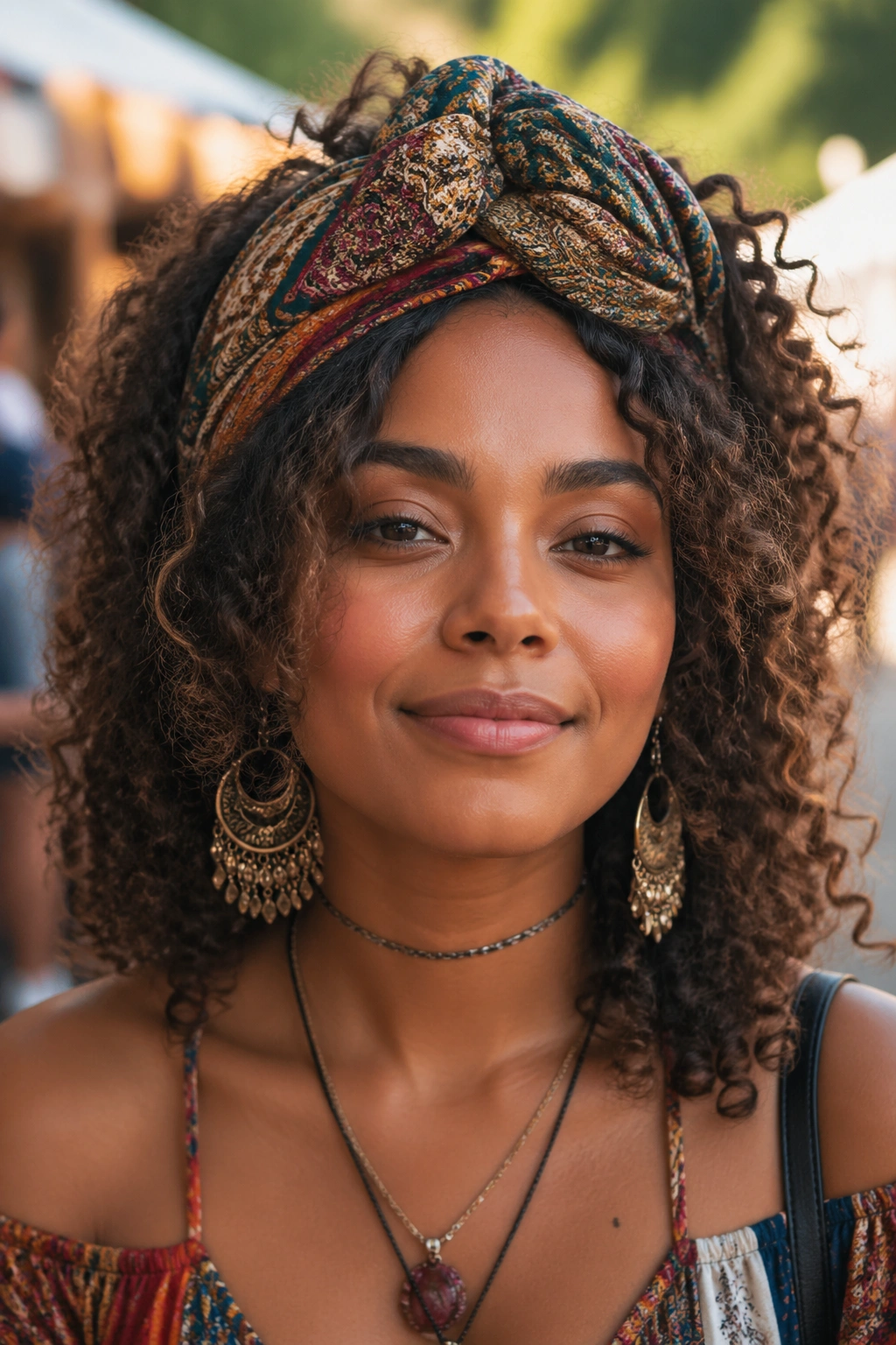 Close-up of loose curls with headscarf crown during festival