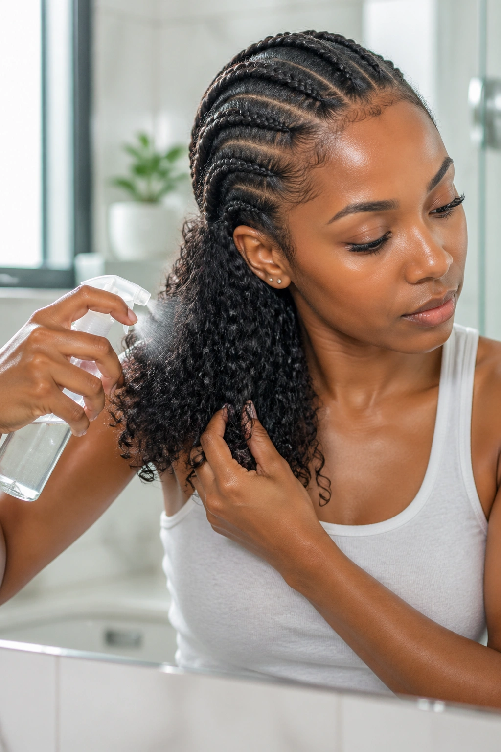 Daily maintenance of loose hair curls with spray bottle and scrunching