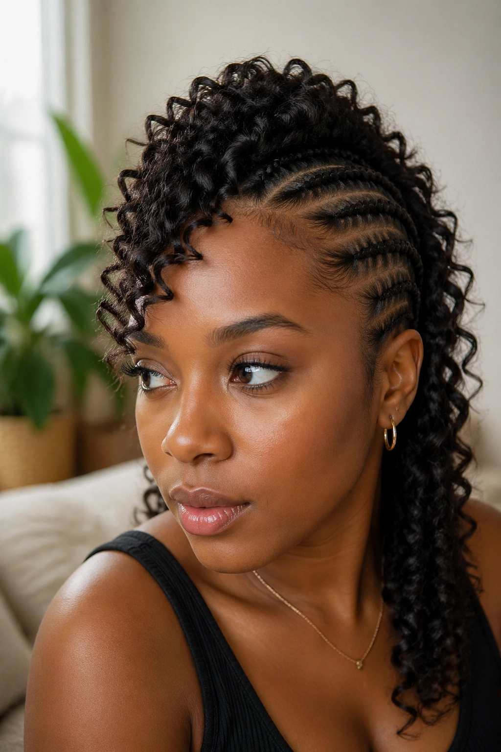 Close-up of a woman with a loose curly center mohawk and tight side cornrows