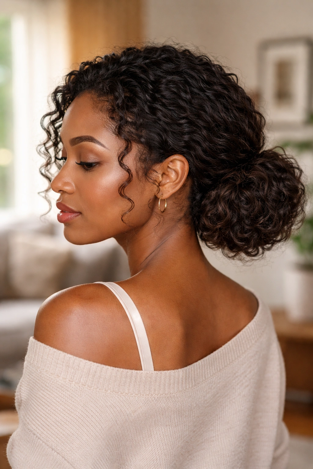 Real person with loose curls gathered into a low bun foundation