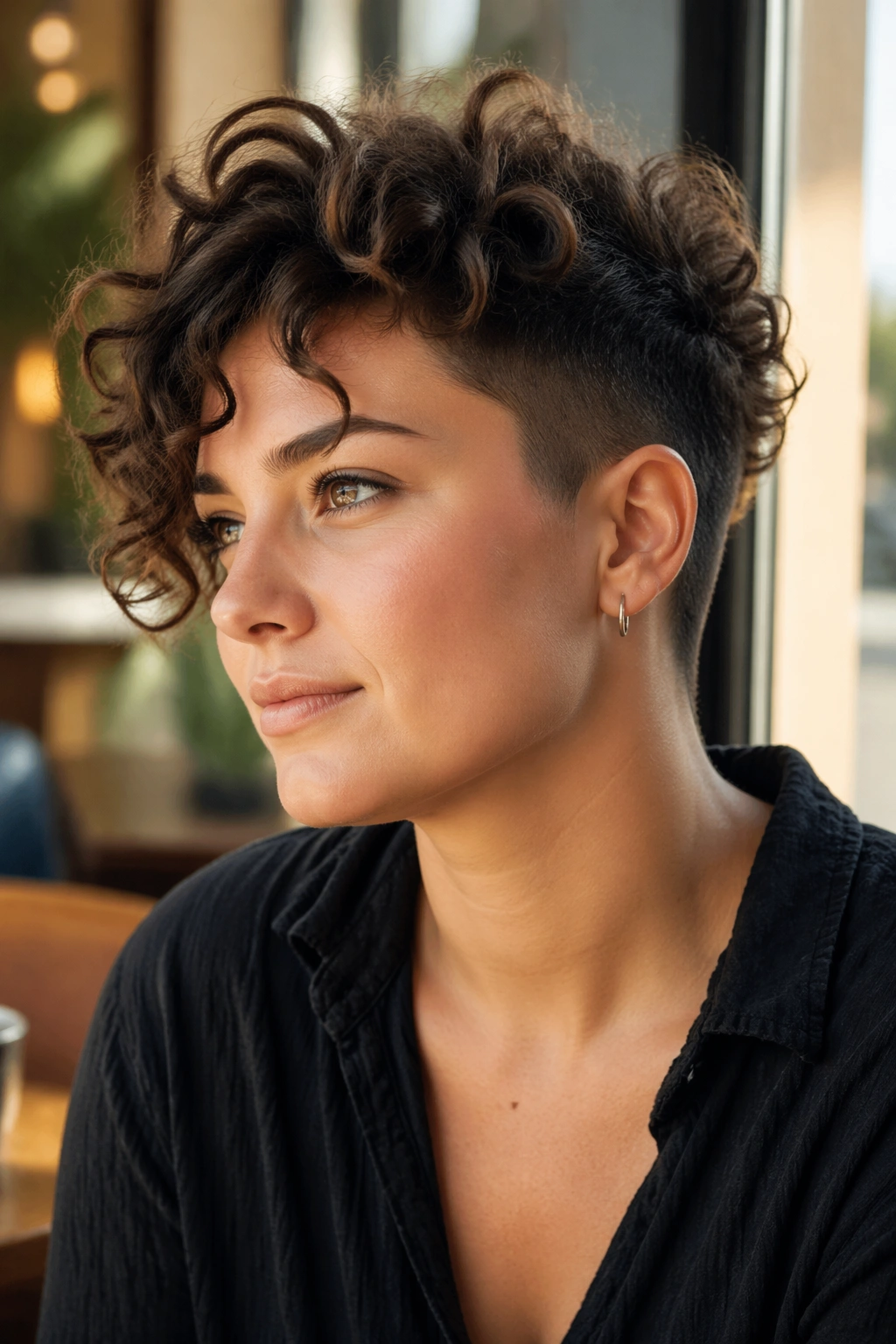 Close-up portrait of a real person with loose curls and a soft undercut in a cafe setting