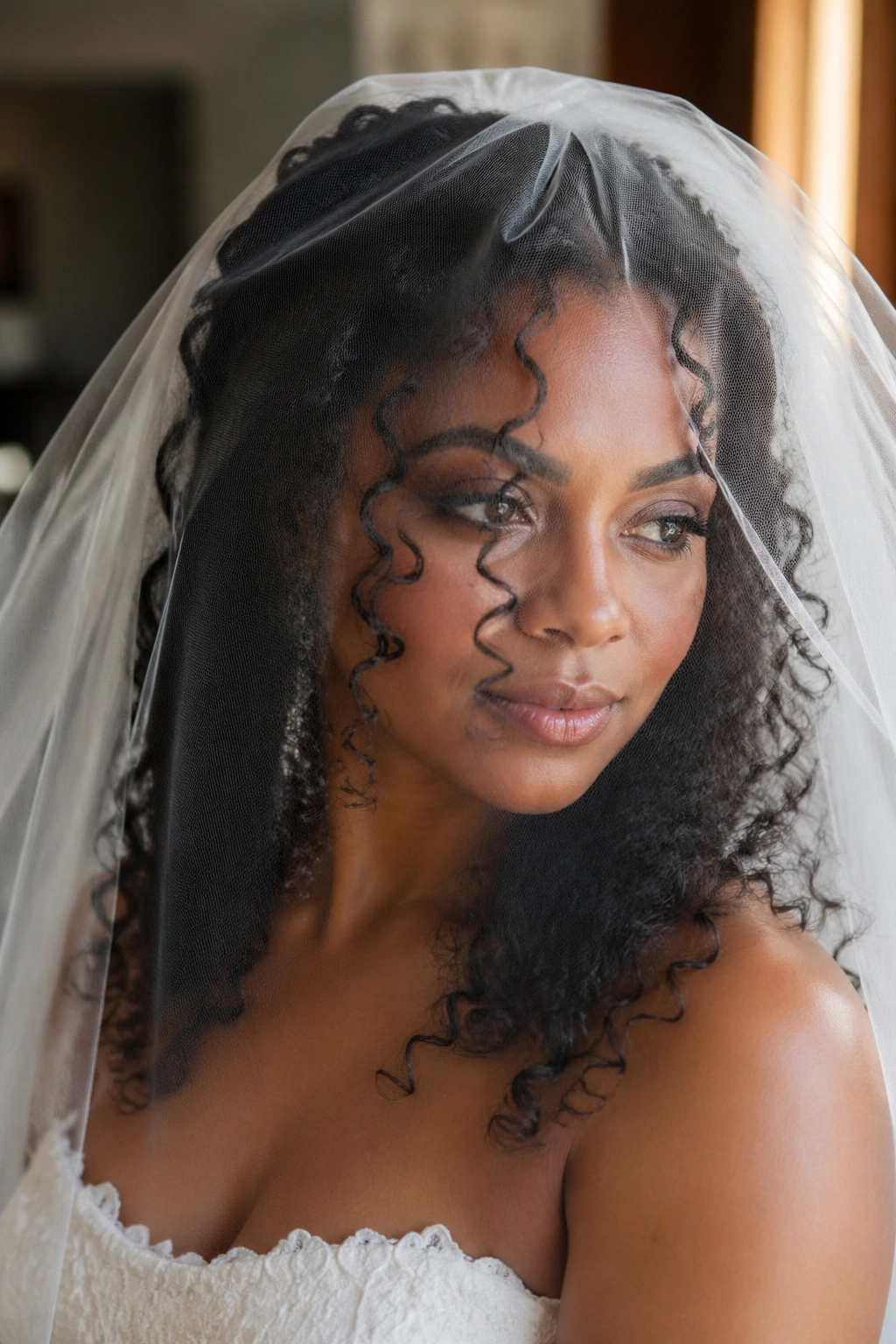 Close-up bride with loose curls and blusher veil in soft bridal light