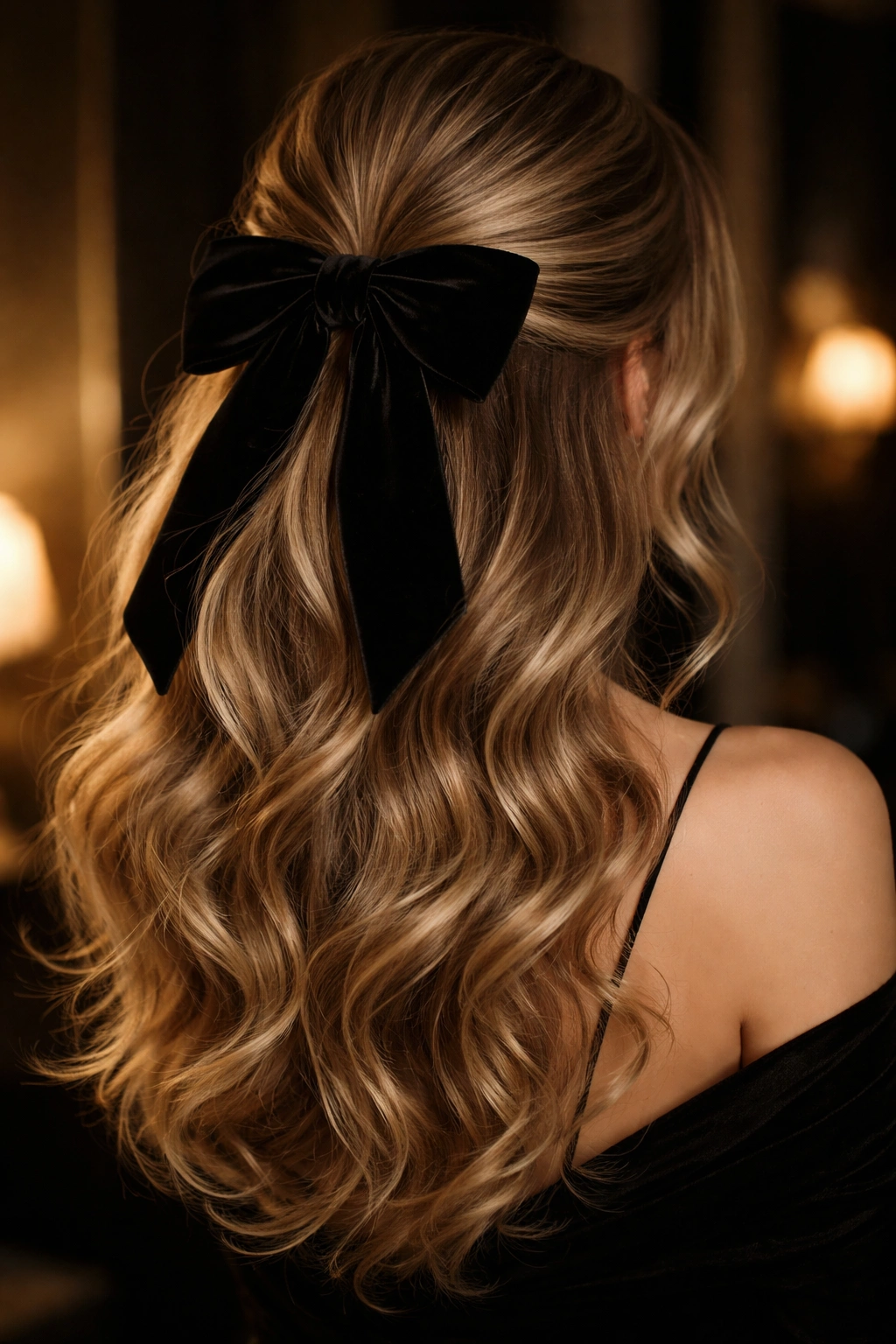 Close-up of loose curls with velvet bow, soft texture and anchored base.