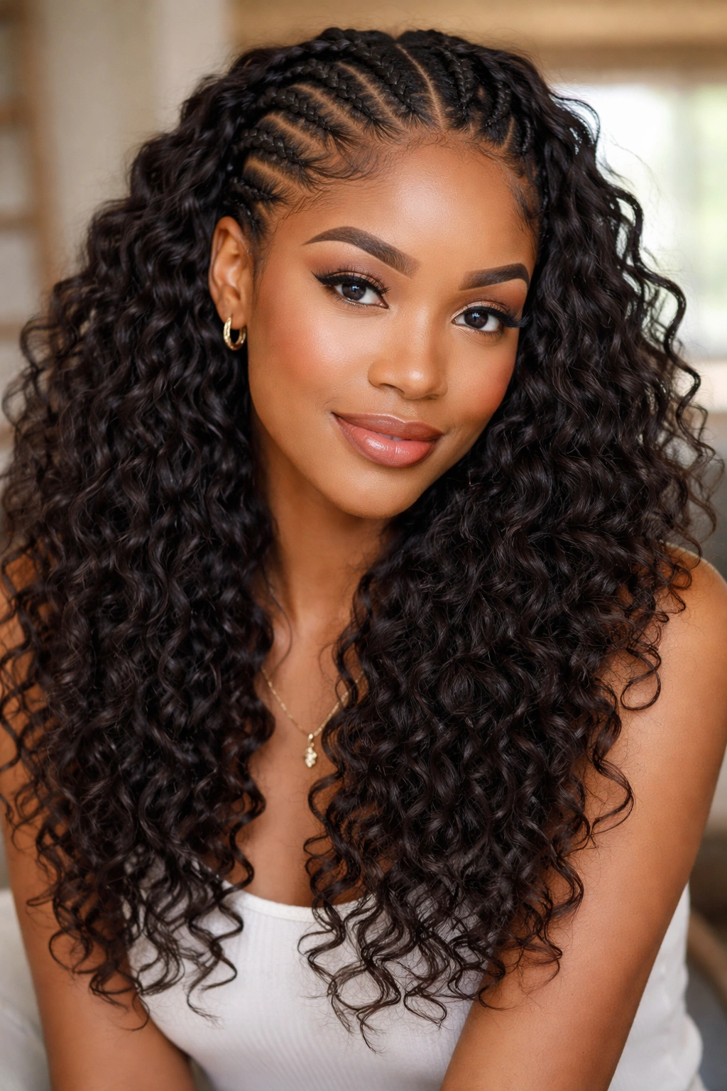 Close-up of a real woman with roots-out loose curly weave blending natural roots and weave.