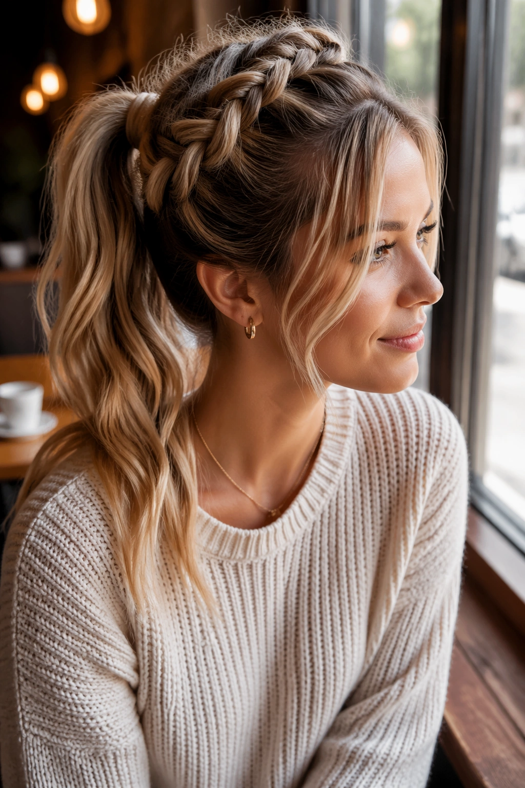 Close-up of a real woman with a loose Dutch braid and slim face-framing pieces