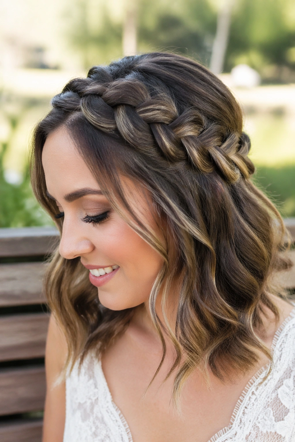 Close-up of a real woman with loose Dutch braid and soft waves