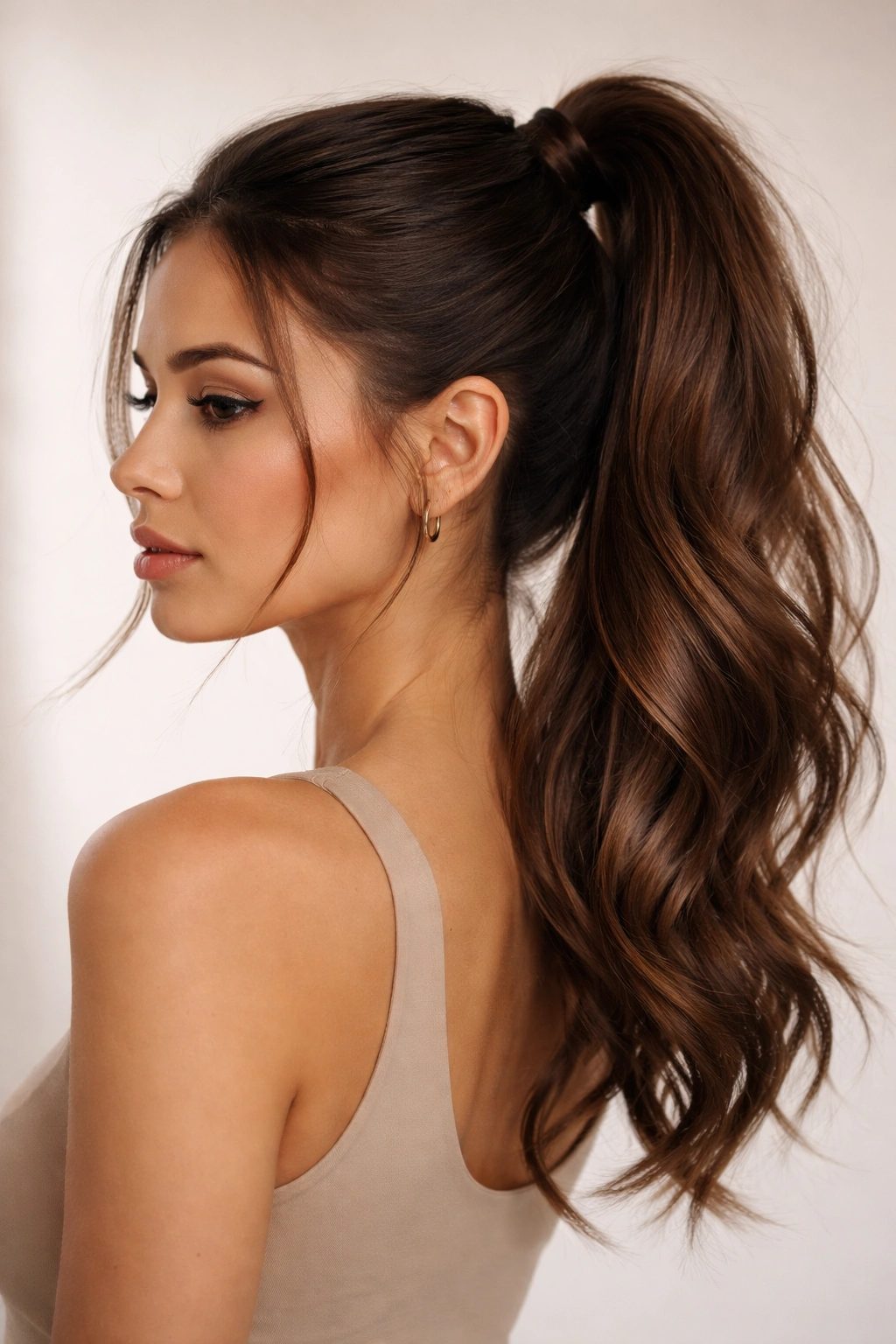 Brunette high ponytail with textured loose ends
