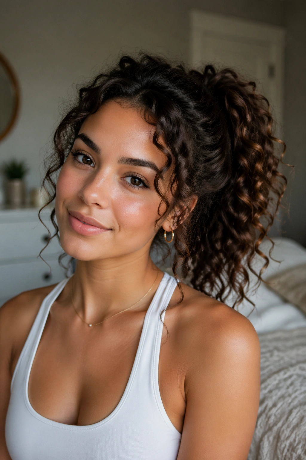 Close-up of a real woman with a loose everyday curly ponytail in a cozy bedroom
