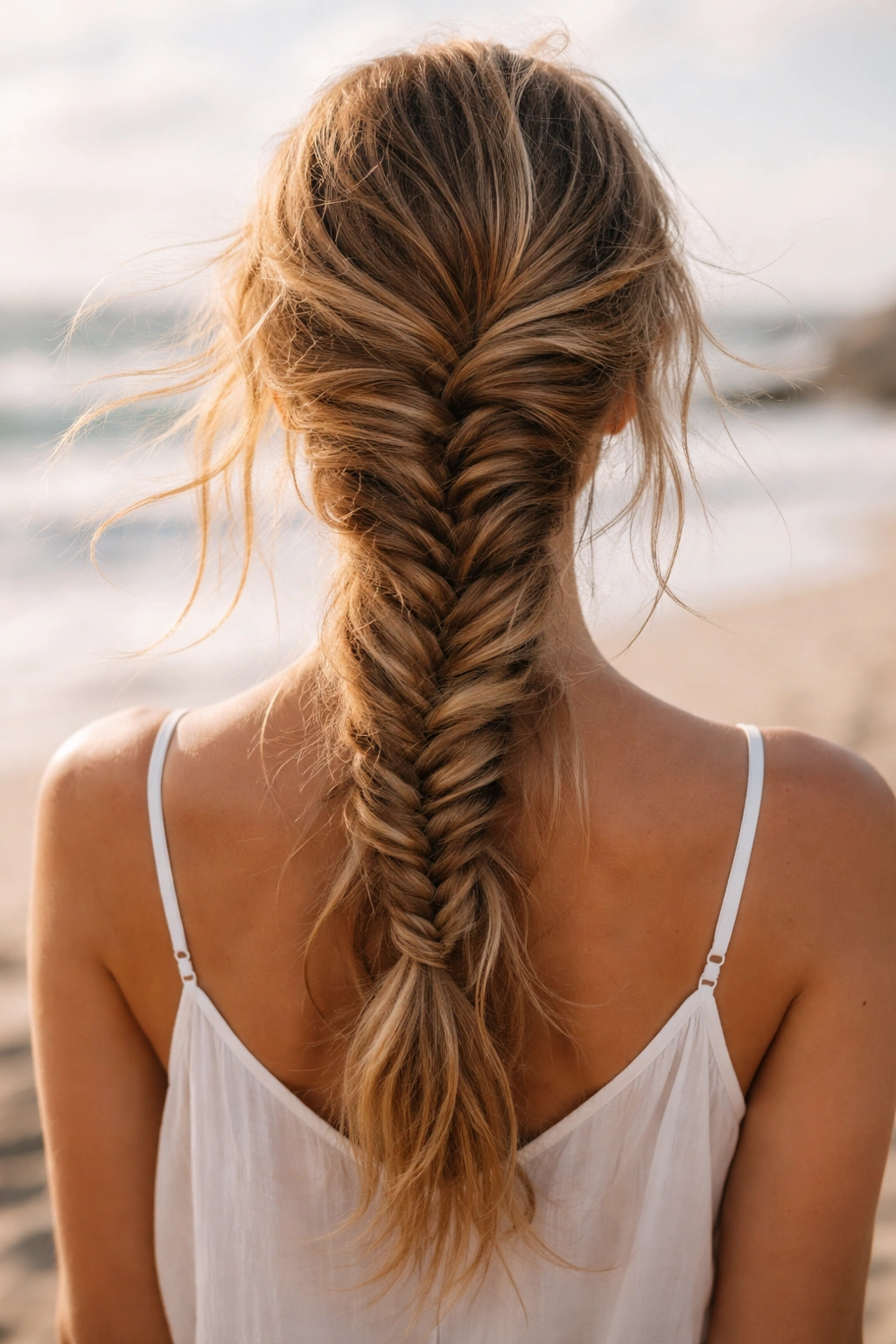 Back-of-head view of a real woman with a loose fishtail braid on a windy beach