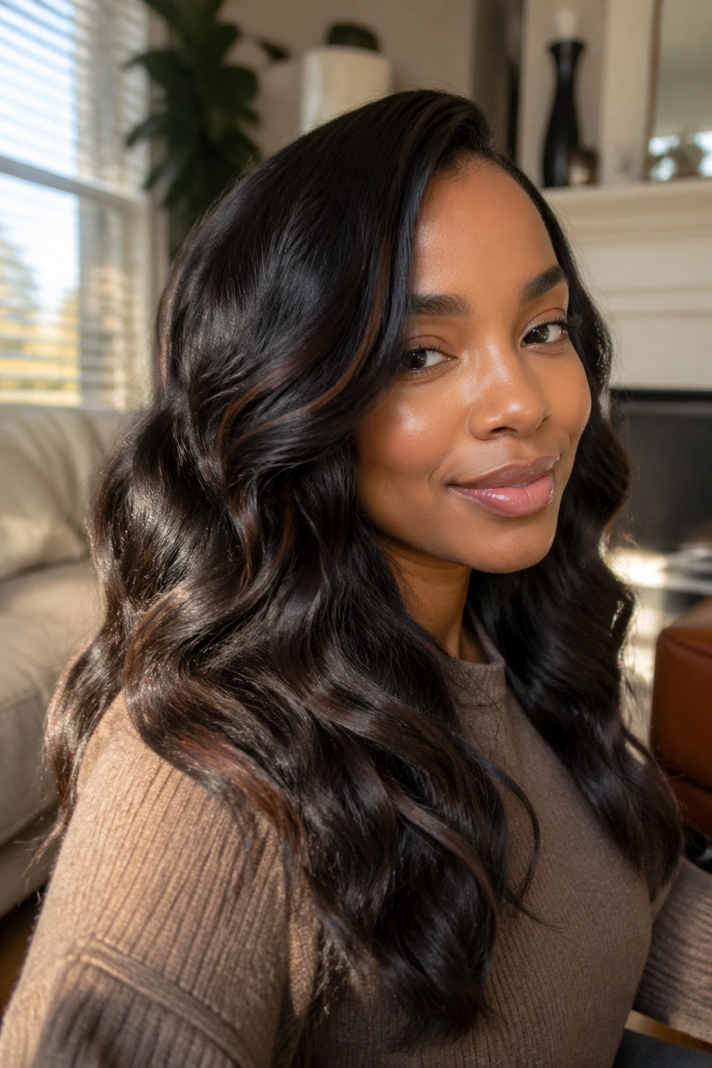 Medium close-up of a woman with loose flat iron waves in a sunlit room