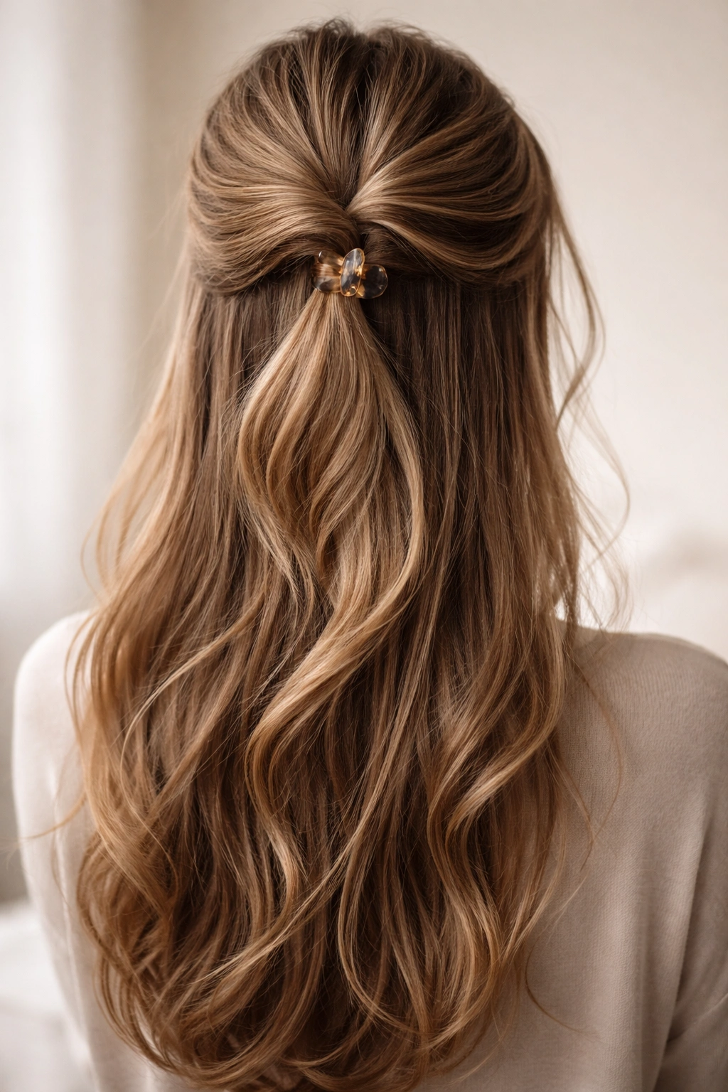 Back view of loose French twist half-up with claw clip