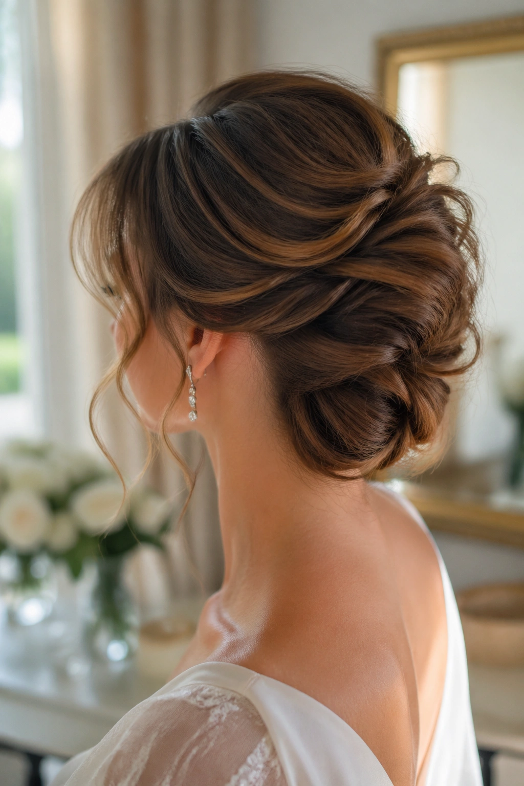 Close-up of a real woman wearing a loose French twist with soft waves around the top in a bridal setting