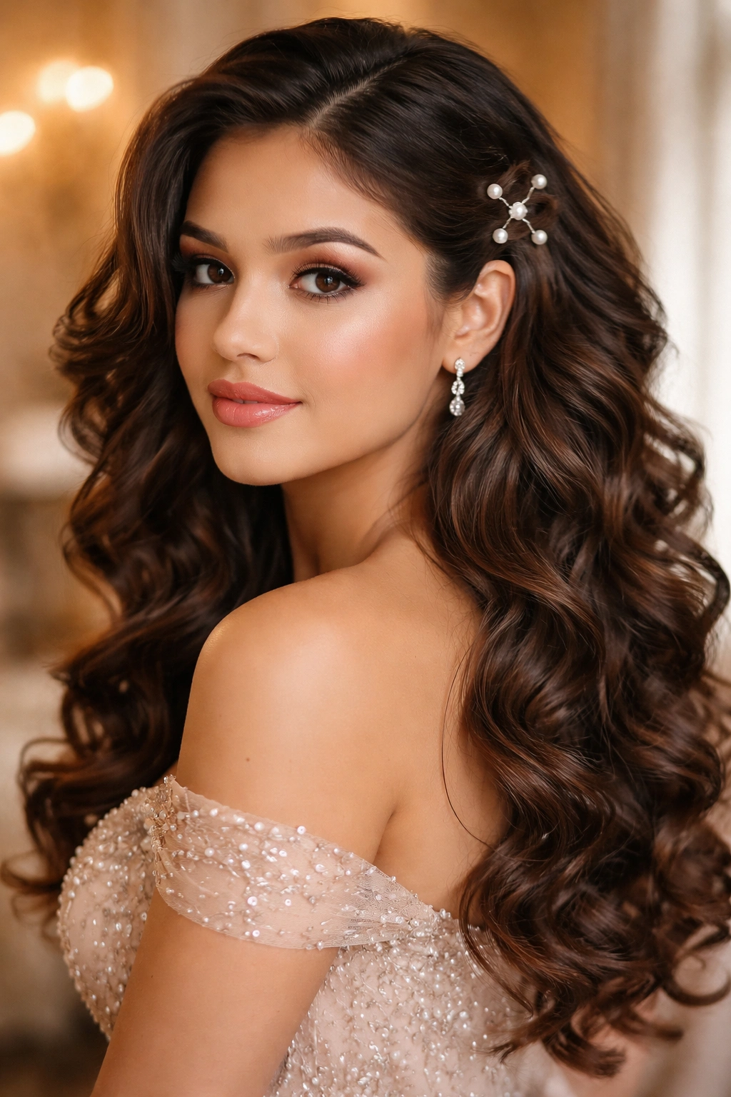 Close-up of loose glam curls with pearl pins on a real person