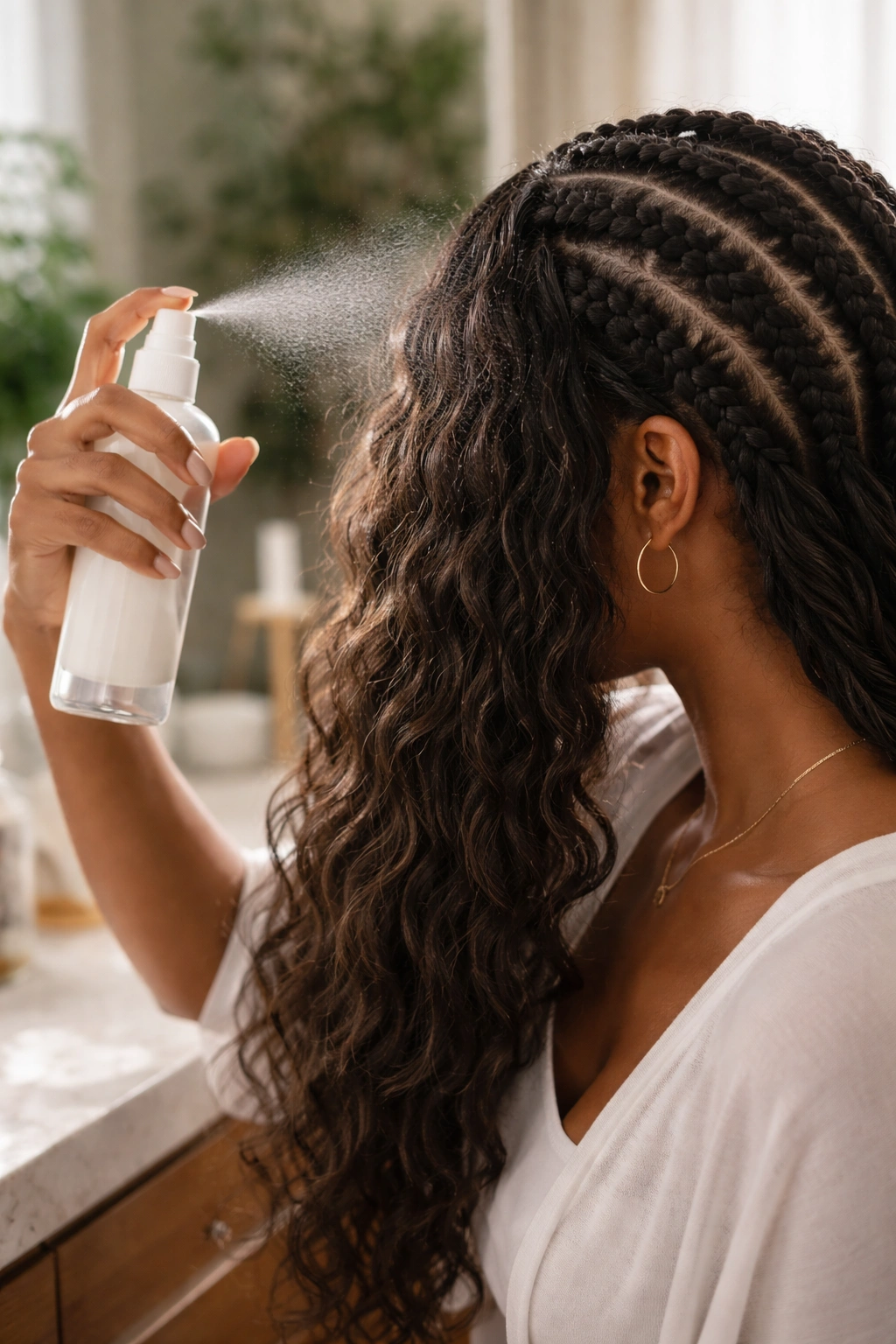 Close-up of a real person applying leave-in conditioner mist to loose hair for daily maintenance
