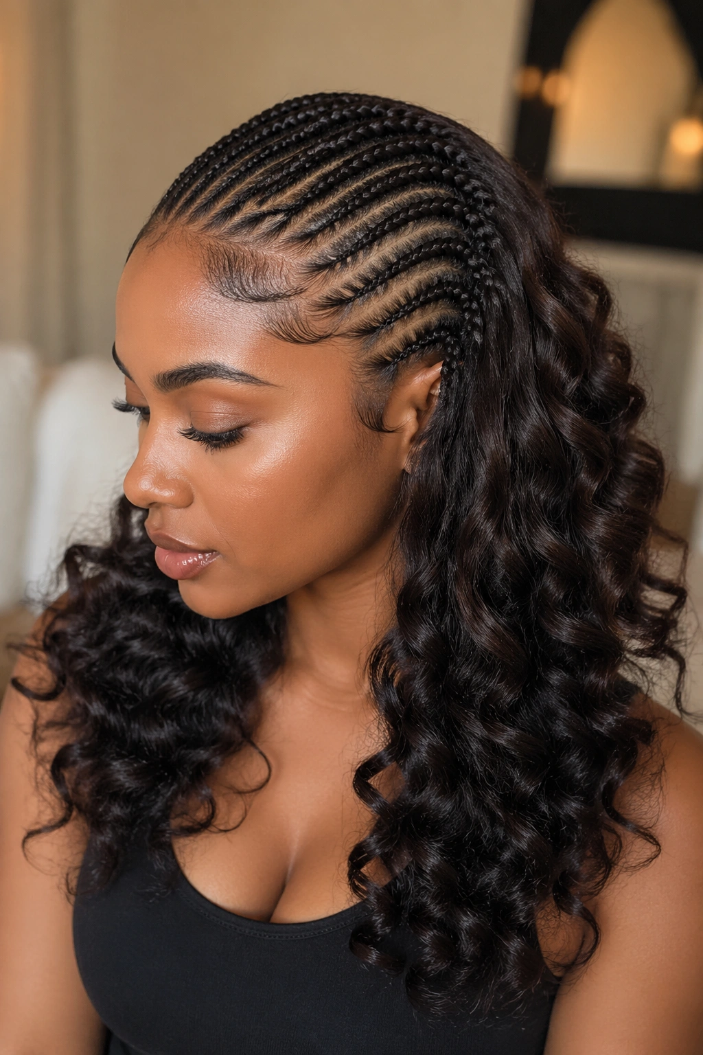 Close-up of woman with half cornrows and defined loose-wavy bottom