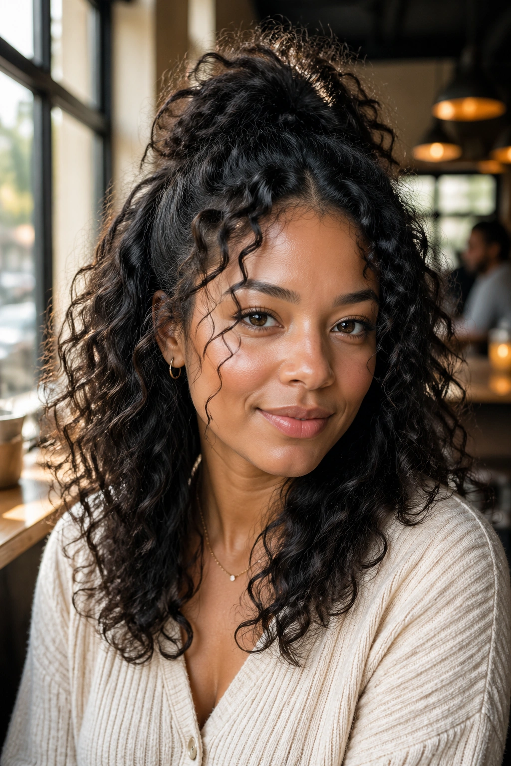 Close-up of a loose half-up hairstyle framing the face