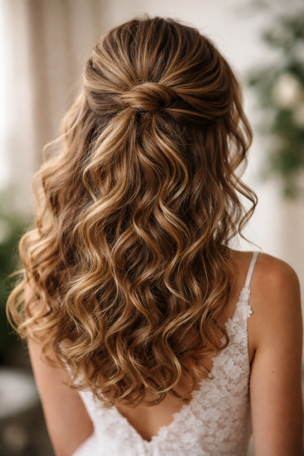 Close-up of a relaxed loose knot with surrounding curls