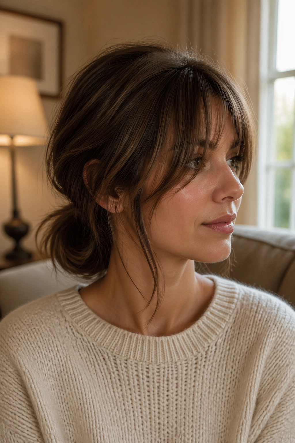 Real woman with a loose knot ponytail and bottleneck bangs in warm indoor lighting.