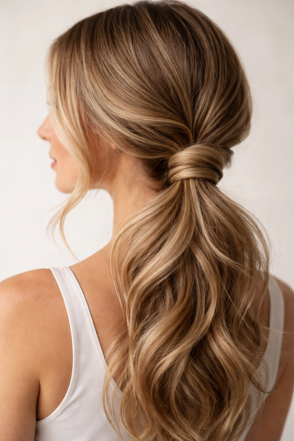Close-up of a loose knotted side ponytail with a soft knot