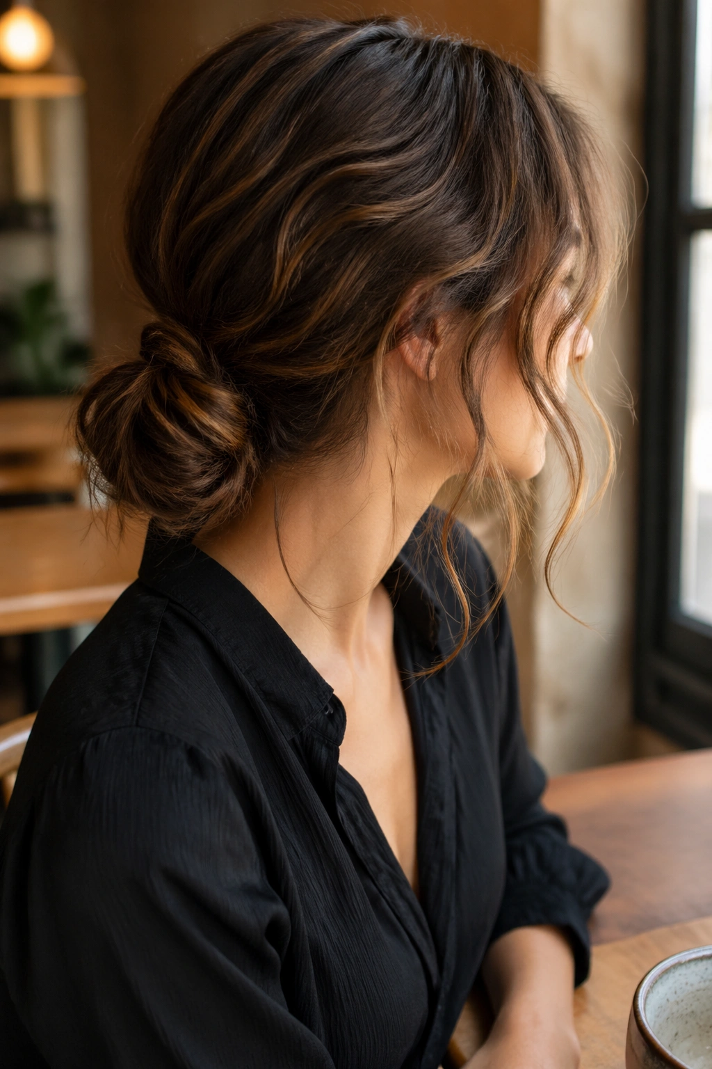 Close-up portrait of a real person with a loose low bun and soft waves in cafe light