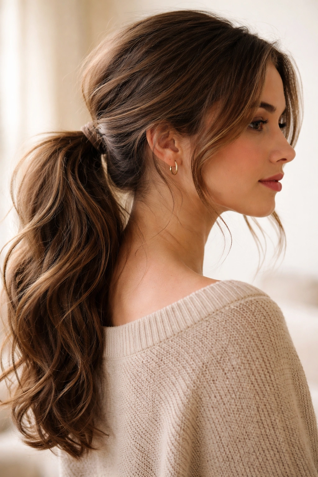Side view of a loose low ponytail showing face-framing volume