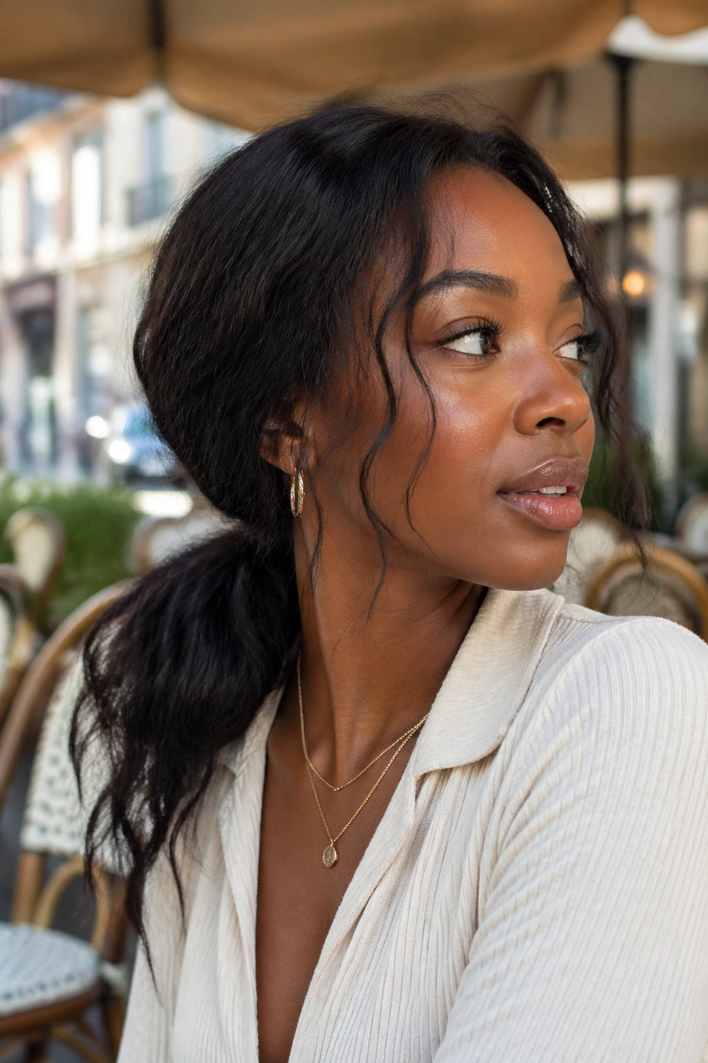 Real woman with a loose low ponytail in daylight setting