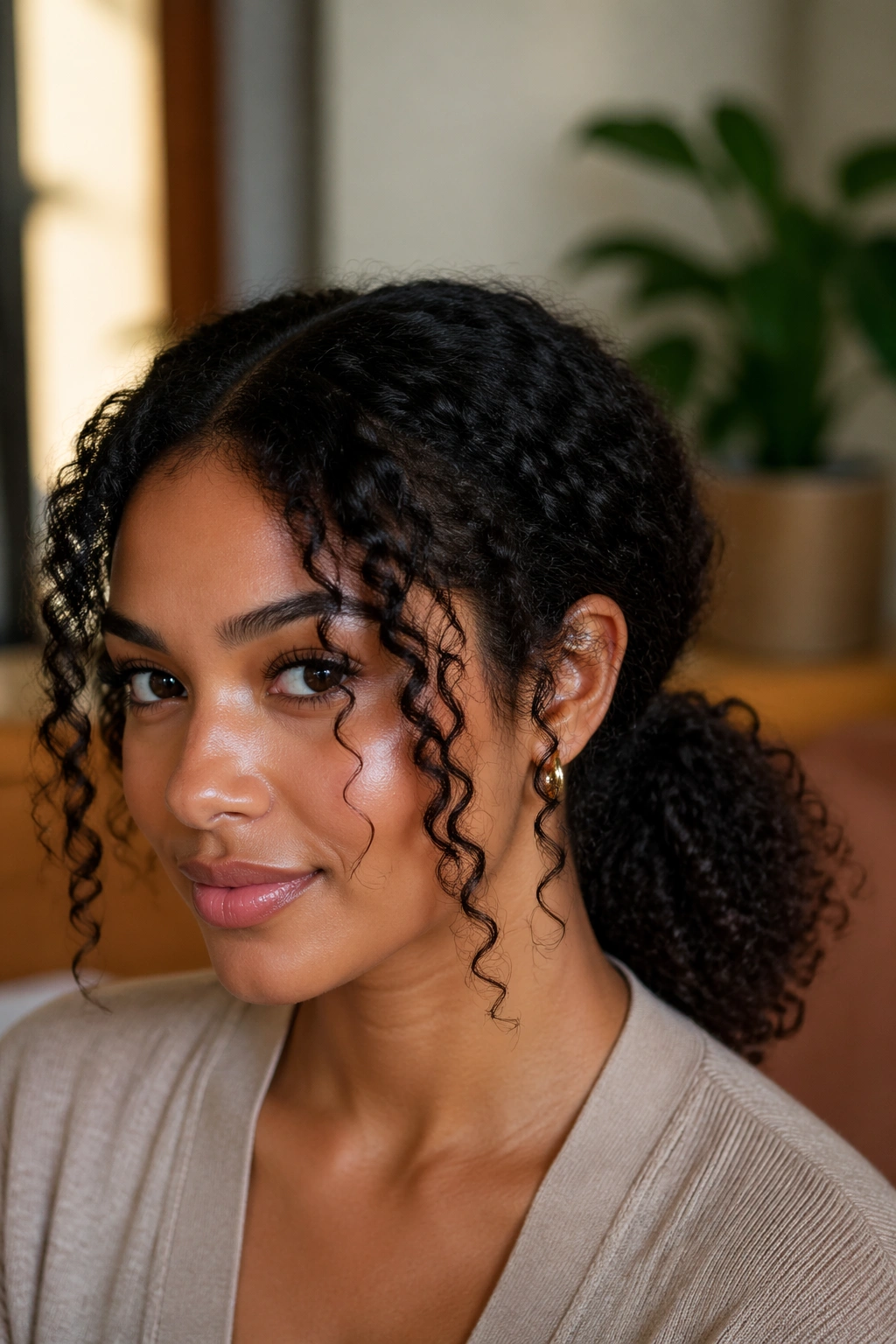 Real woman with loose low ponytail and face-framing curls