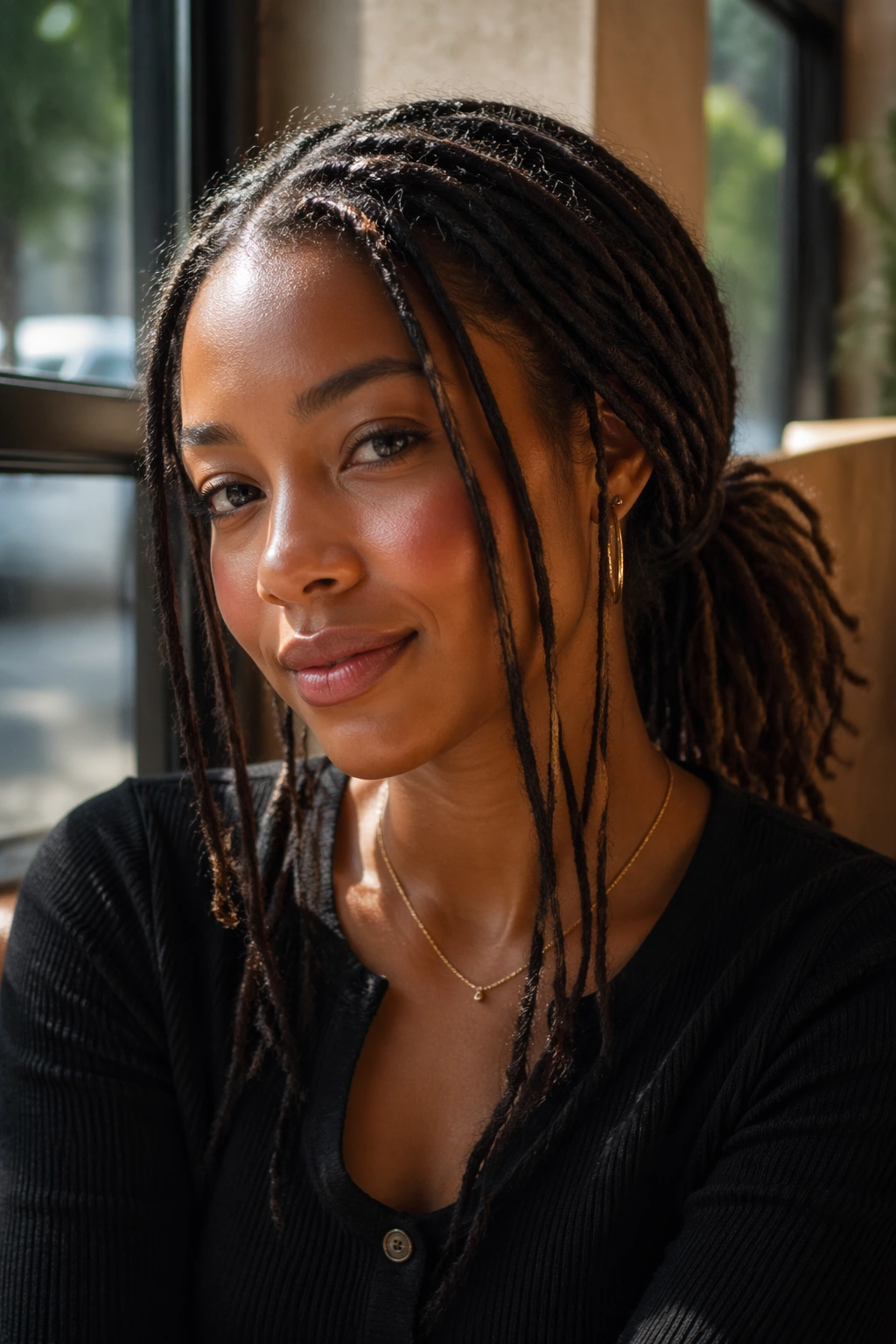 Close-up of a real woman with a loose low ponytail and front face-framing locs.