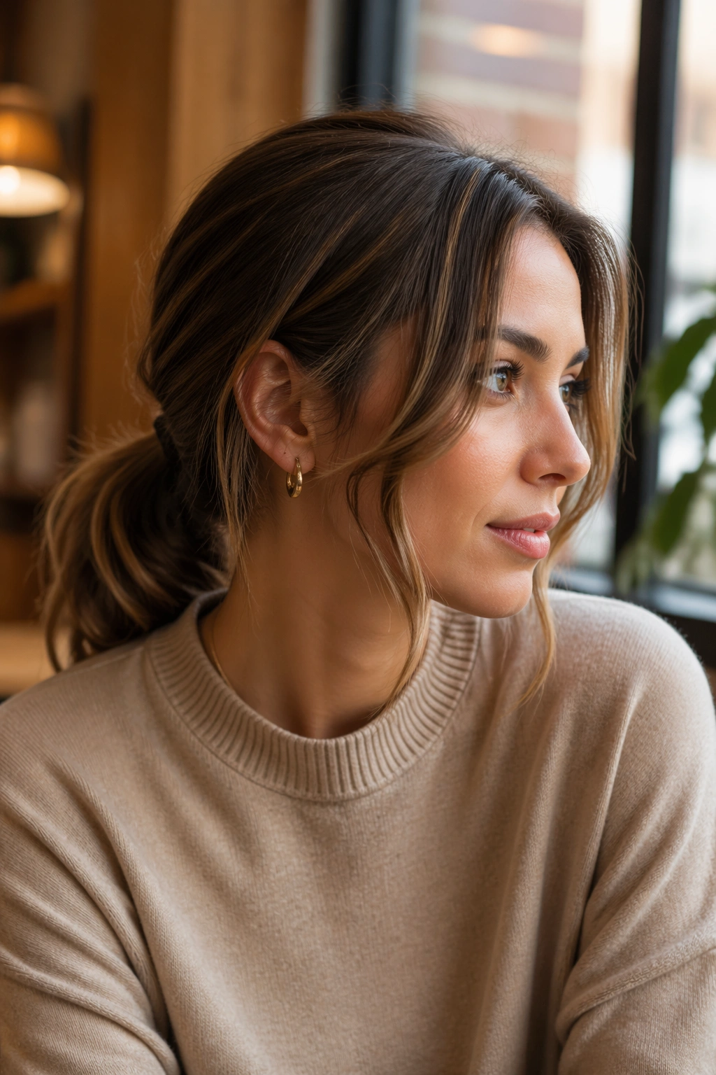 Close-up of a real woman with a loose low ponytail and face-framing pieces