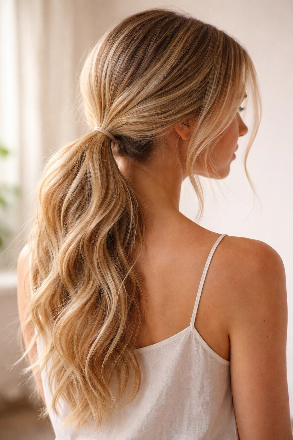 Blonde low pony with soft beachy waves at the nape