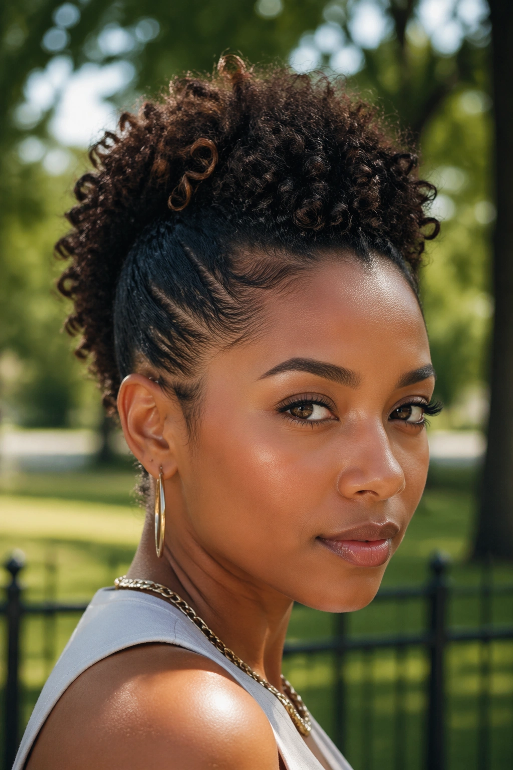 Close-up portrait of a real Black woman with a loose mohawk ponytail hairstyle