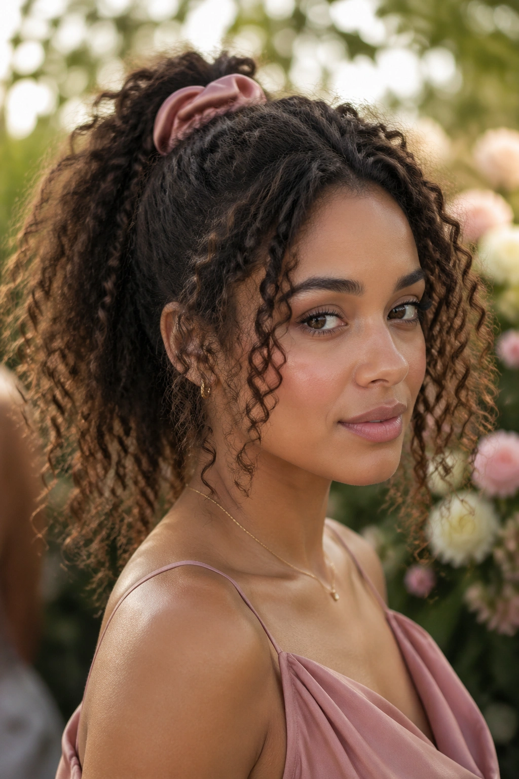 Close-up of a real woman with loose natural curls and a matching satin scrunchie