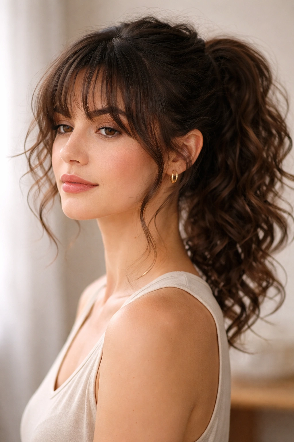 Portrait of a person with an unstructured loose ponytail and soft bangs