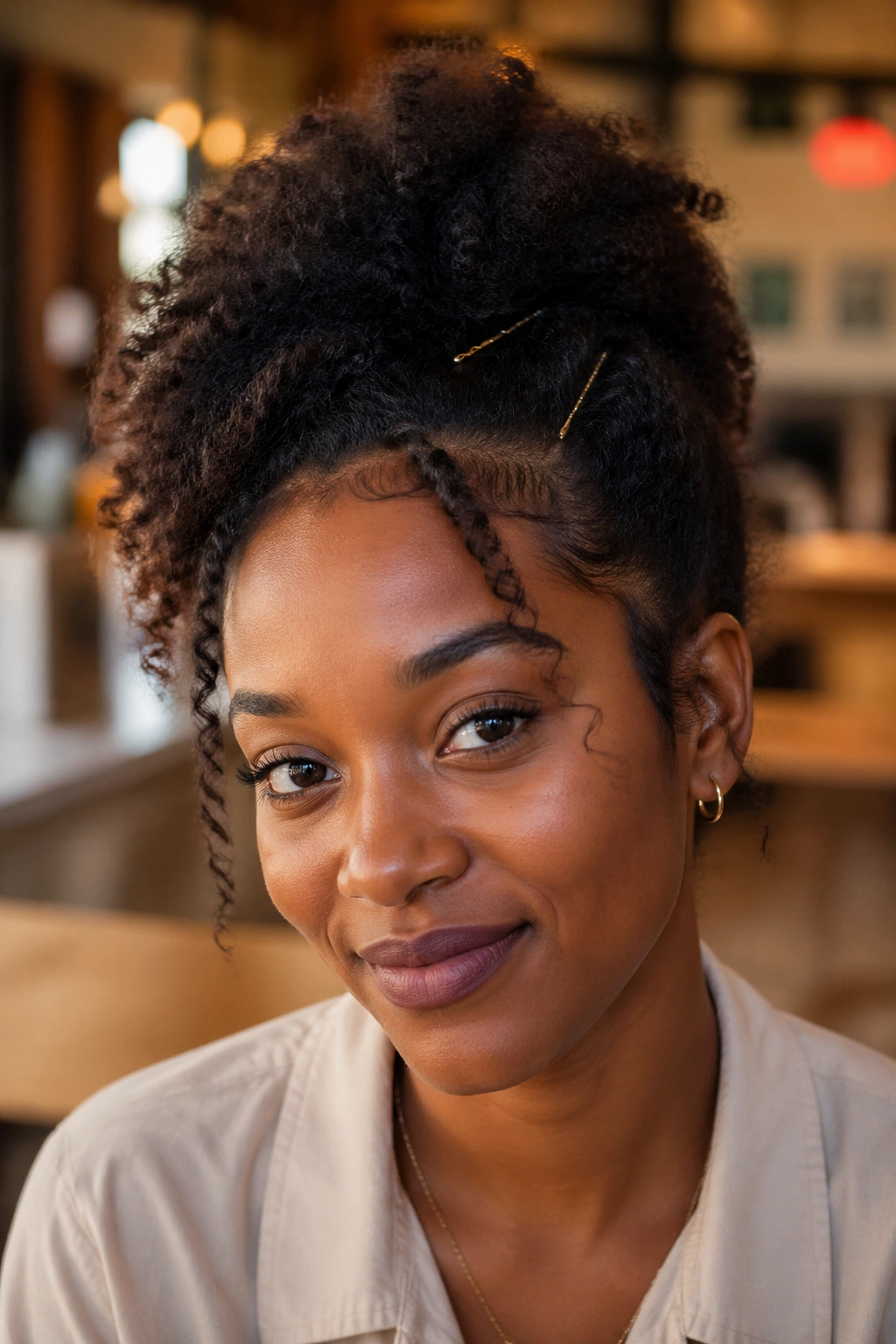 Loose puff hairstyle with asymmetry and visible bobby pins on a real person