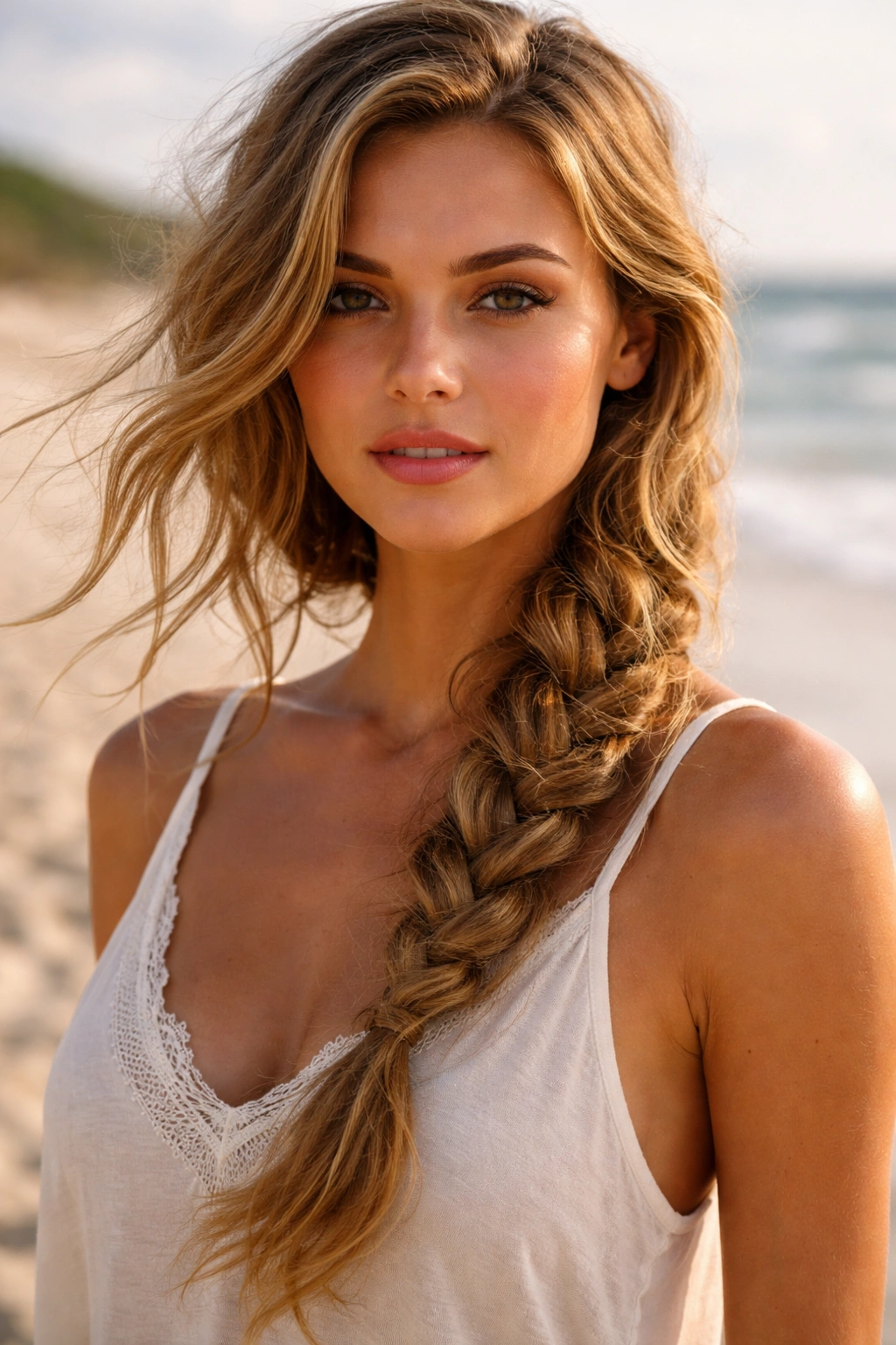 Close-up of a real woman with a loose side braid on the beach.