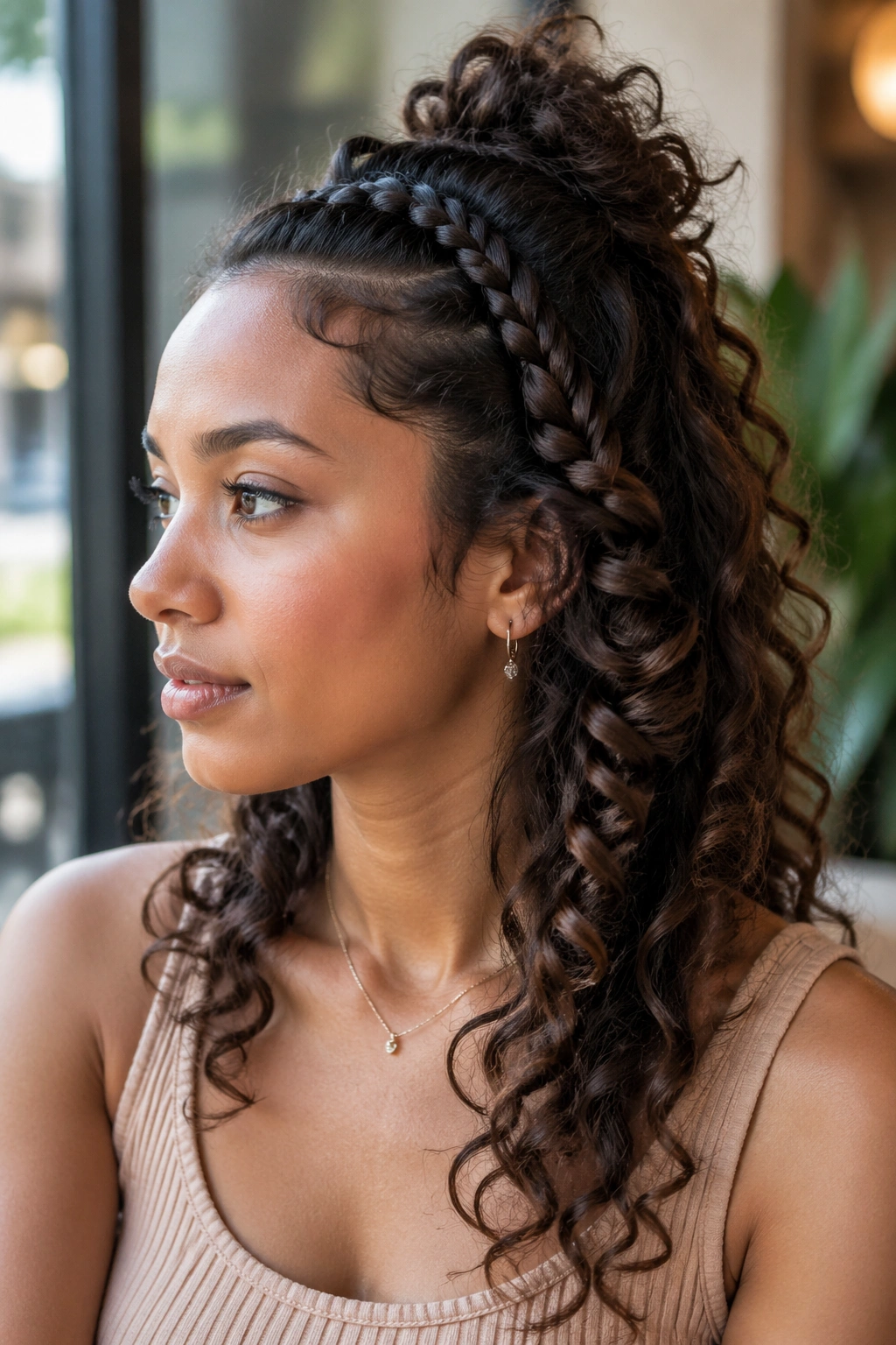 Close-up of a real person with a loose side braid in a half-up hairstyle
