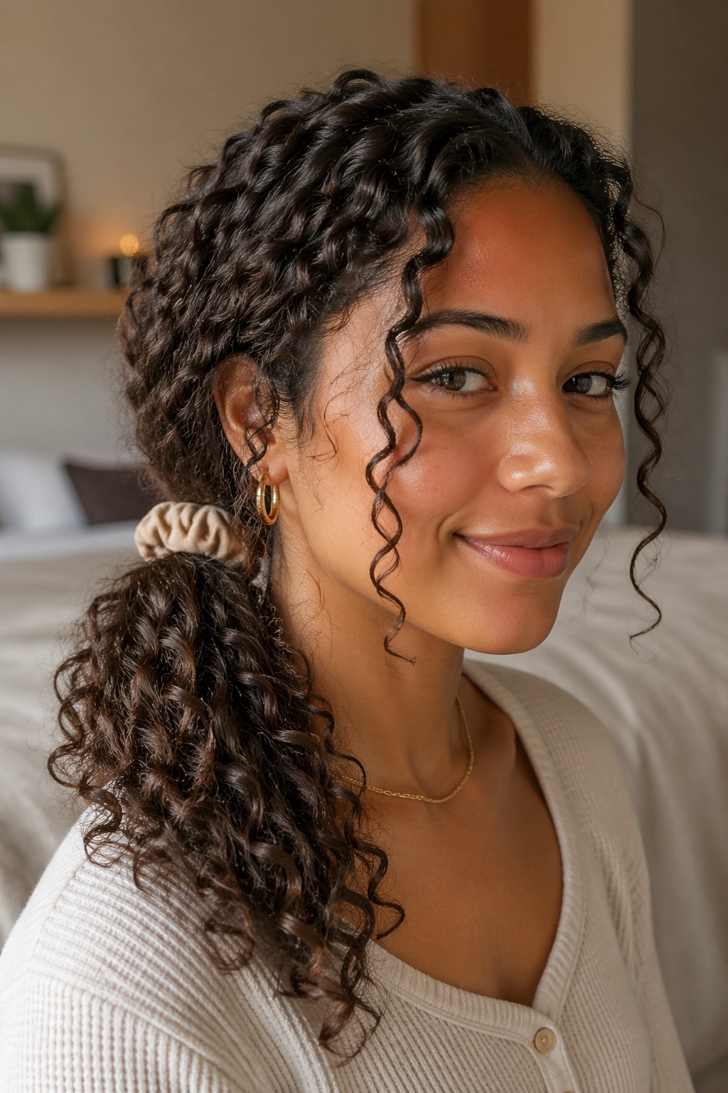 Close-up of a real woman with a loose low side ponytail and face-framing curls by a window